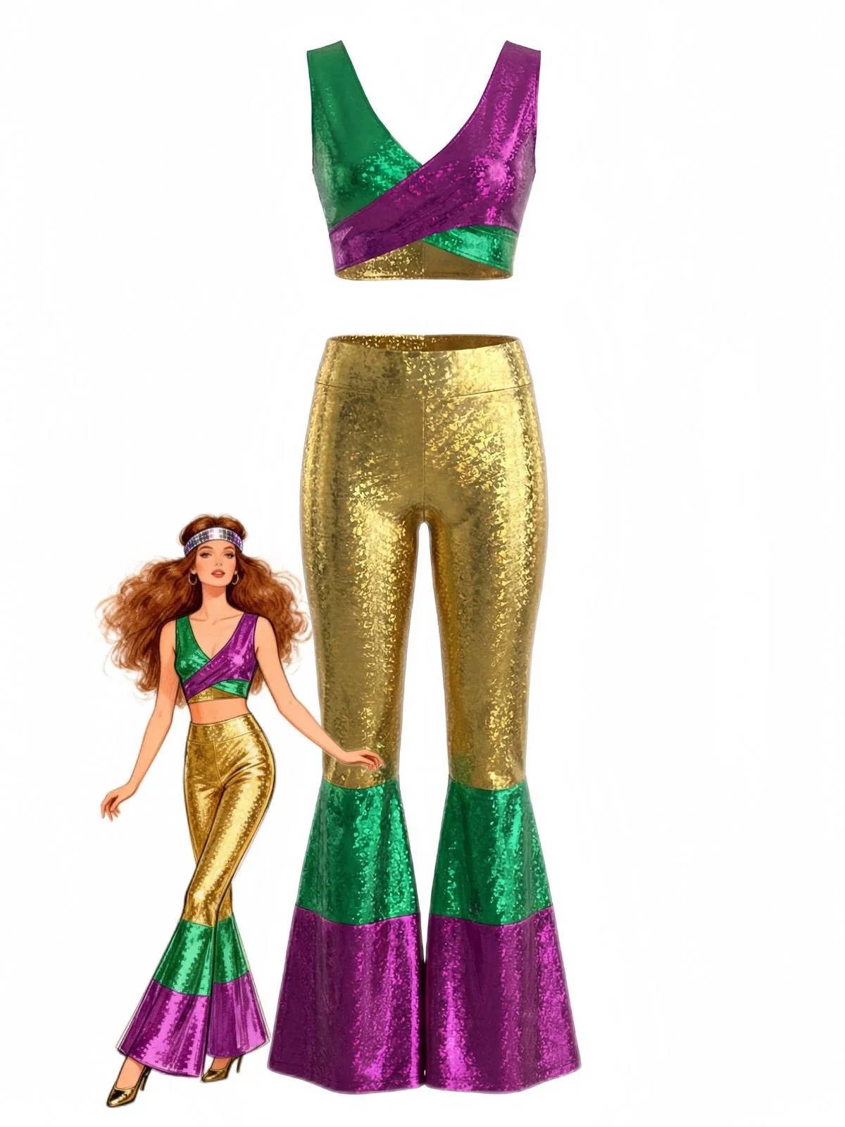 2PCS 1970s Metallic Crop Top & Flare Pants