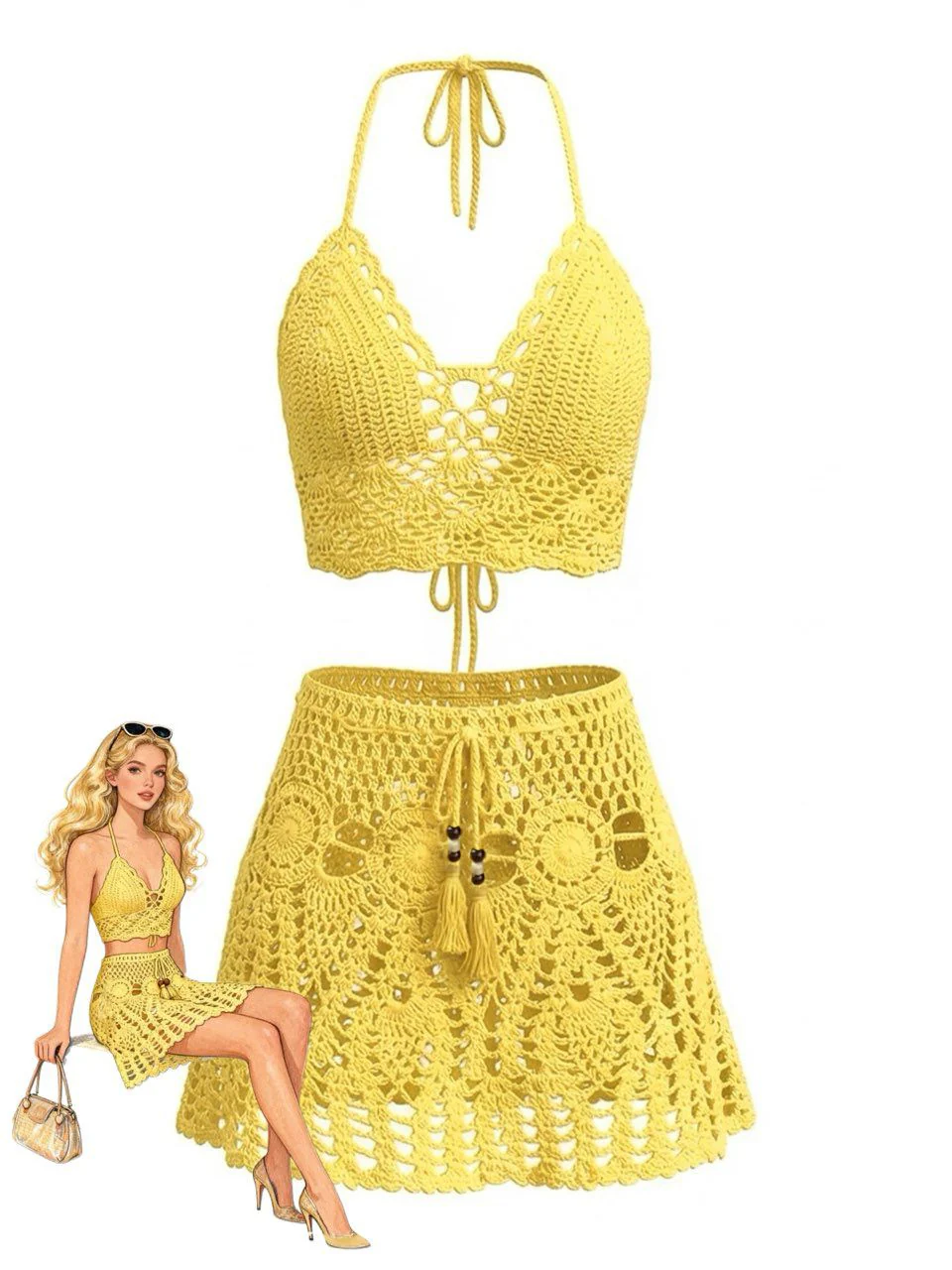 2PCS 1980s Solid Crochet Cover Up Set