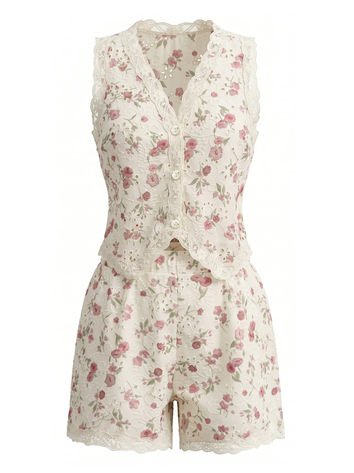2PCS Beige 1940s Ditsy Floral Lace Patchwork Top & Shorts - Image 2