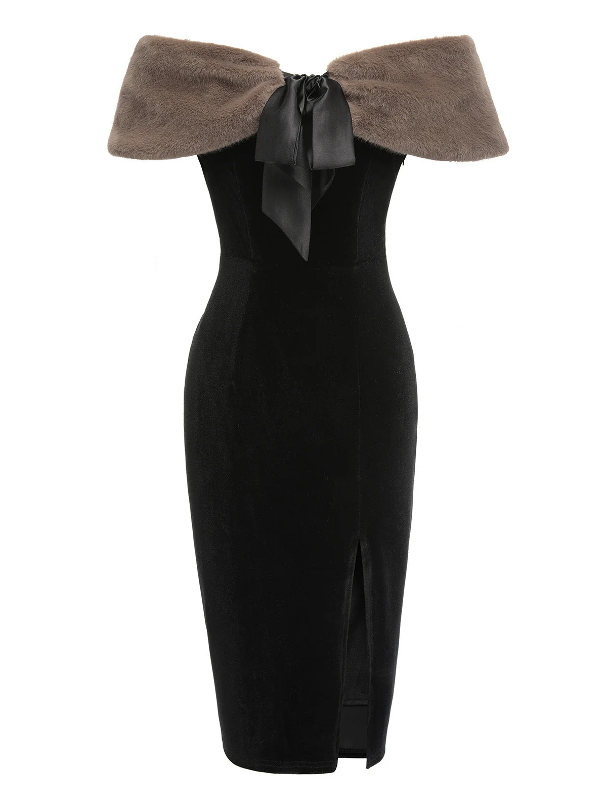 2PCS Black 1960s Solid Dress & Plush Cape - Image 2