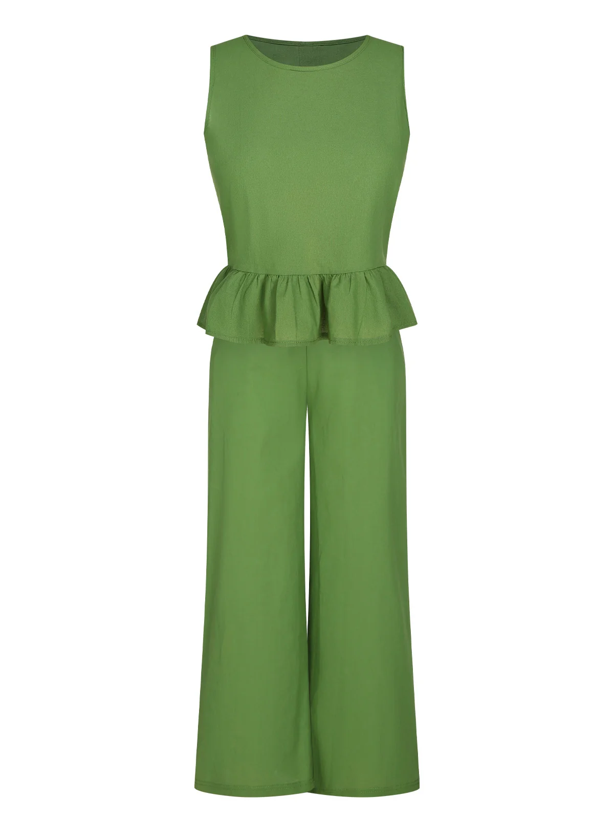 2PCS Green 1960s Ruffled Hem Top & Cropped Pants