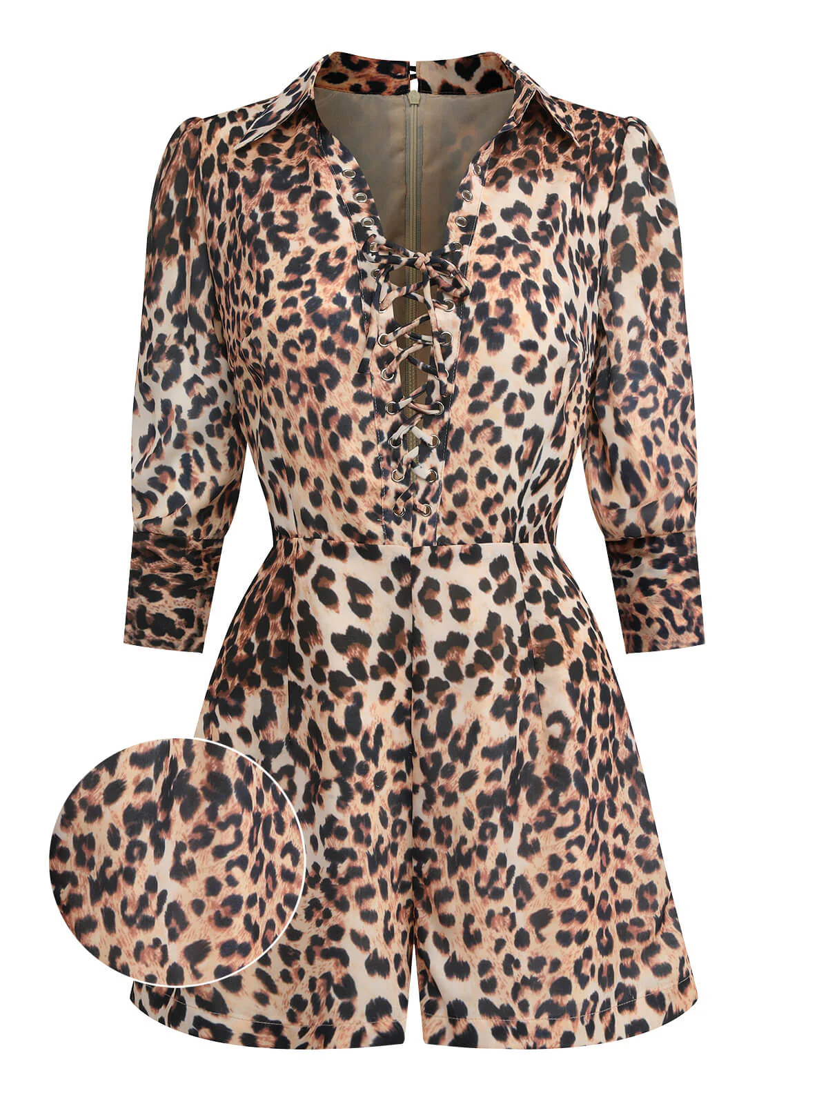 2PCS 1950s Leopard Lapel Romper & Khaki Skirt - Image 2