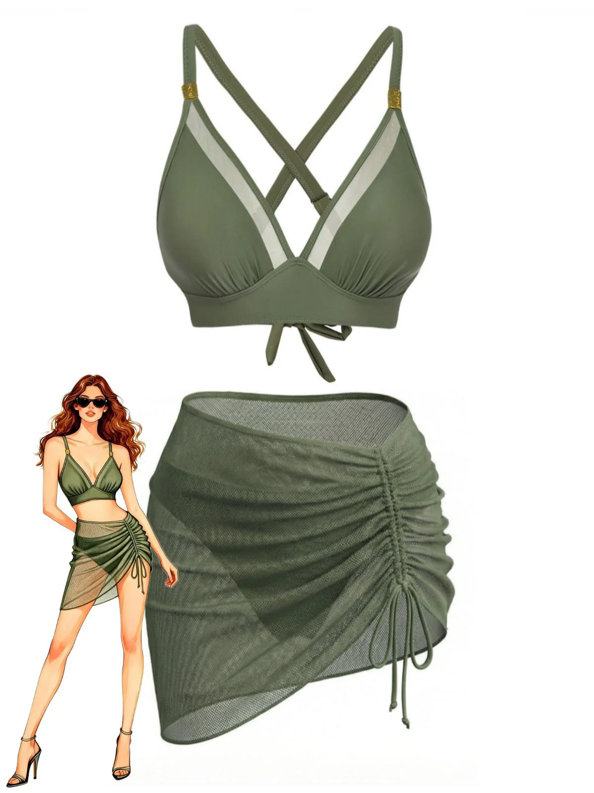 3PCS 1950s Solid Metal Button Bikini Set