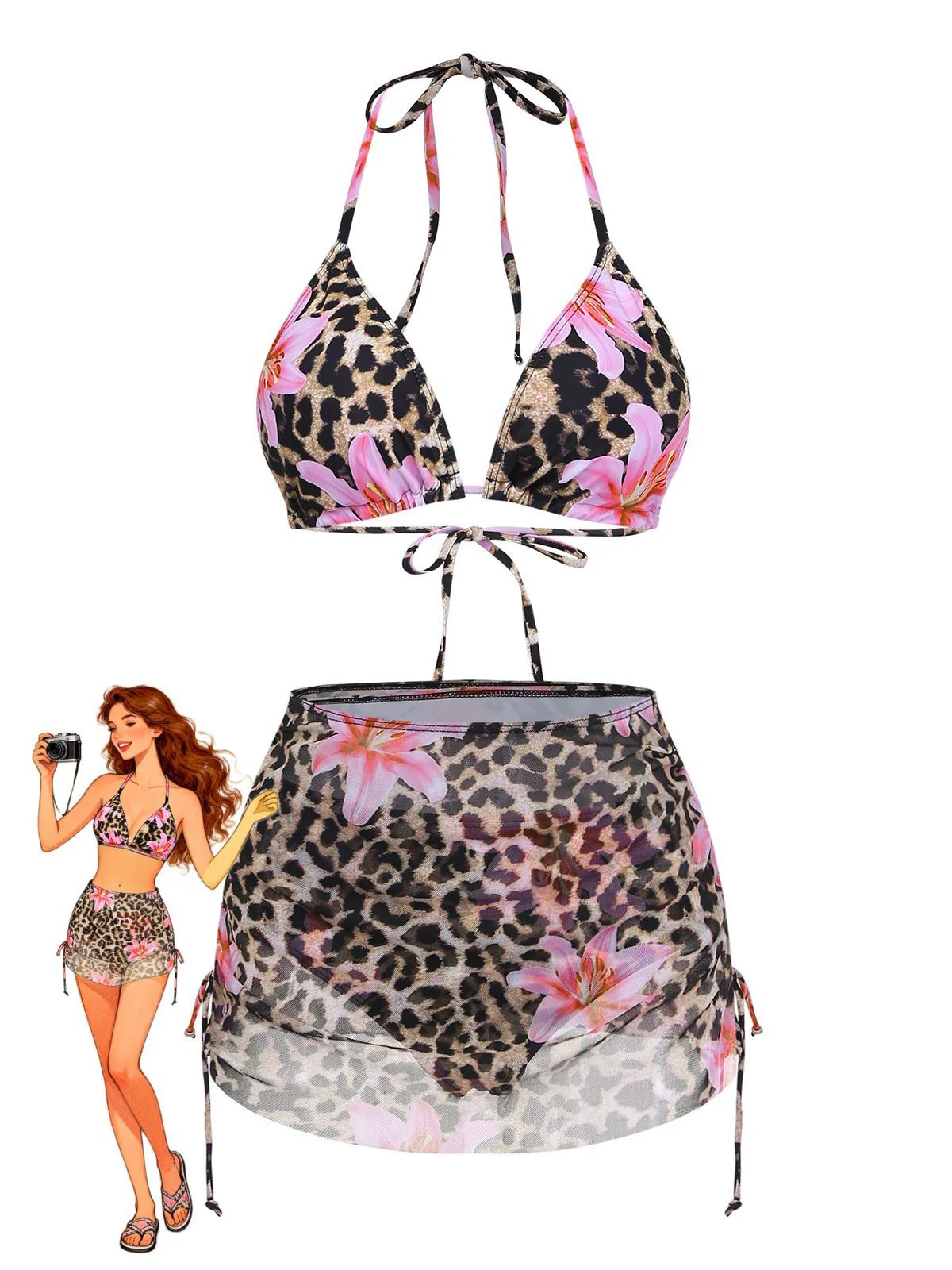 3PCS 1960s Leopard Print Floral Bikini Set