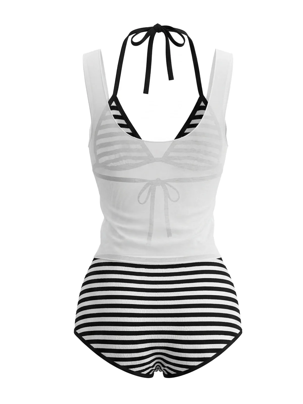 3PCS 1980s Striped Bikini Set & Sheer Cover-Up Tank - Image 2