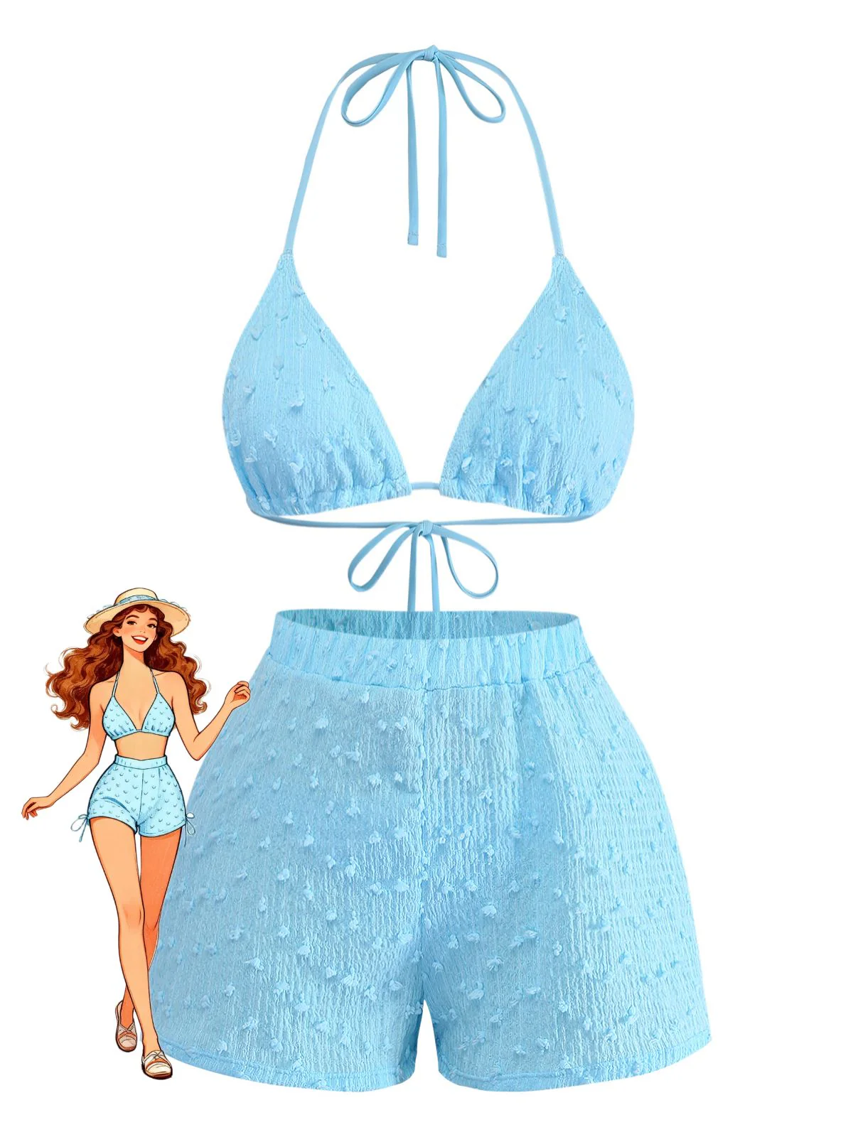 3PCS Sky Blue 1960s Triangle Bikini & Tie Shorts Set