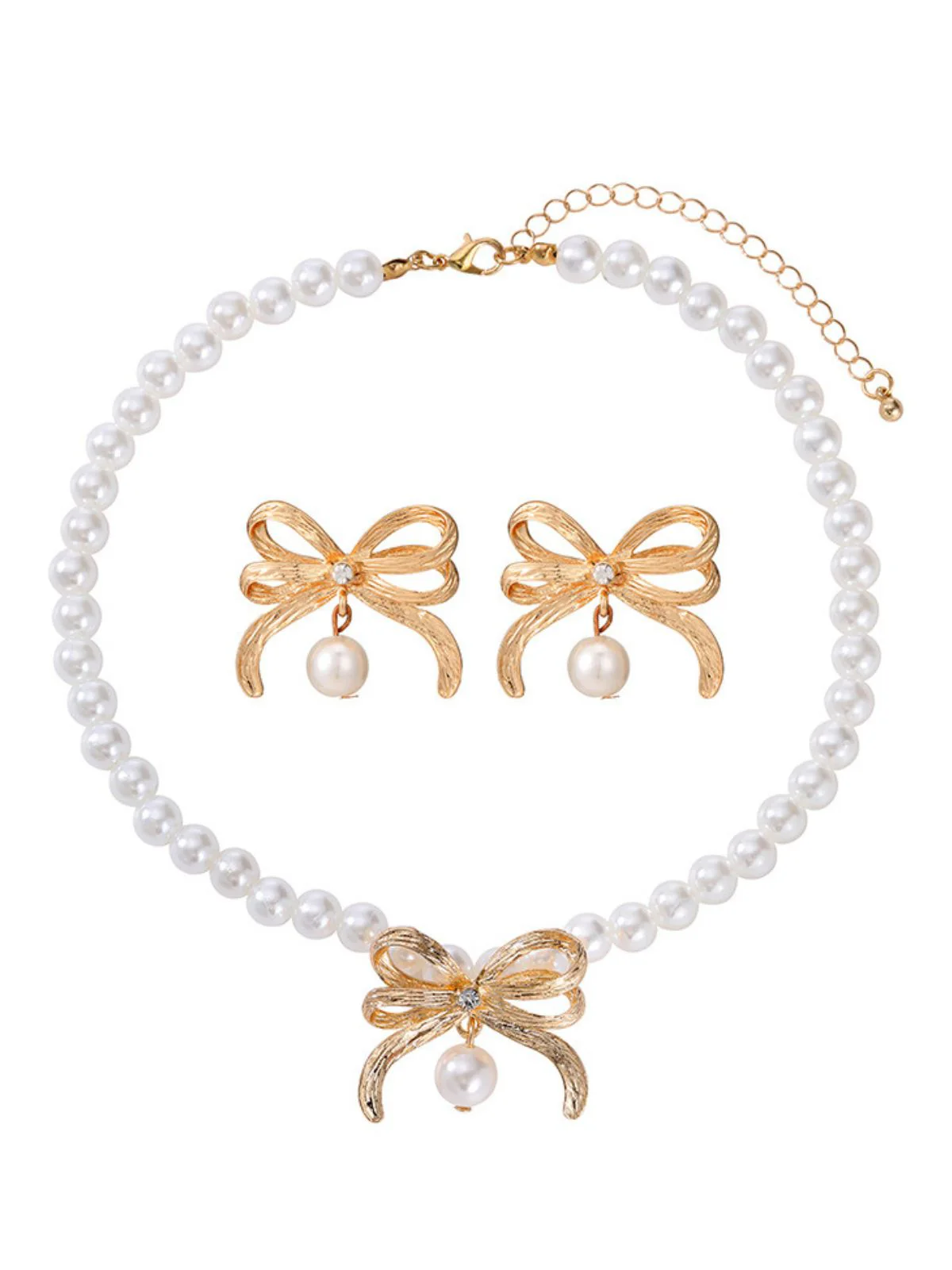 Alloy Pearl Bow Necklace & Earrings Set