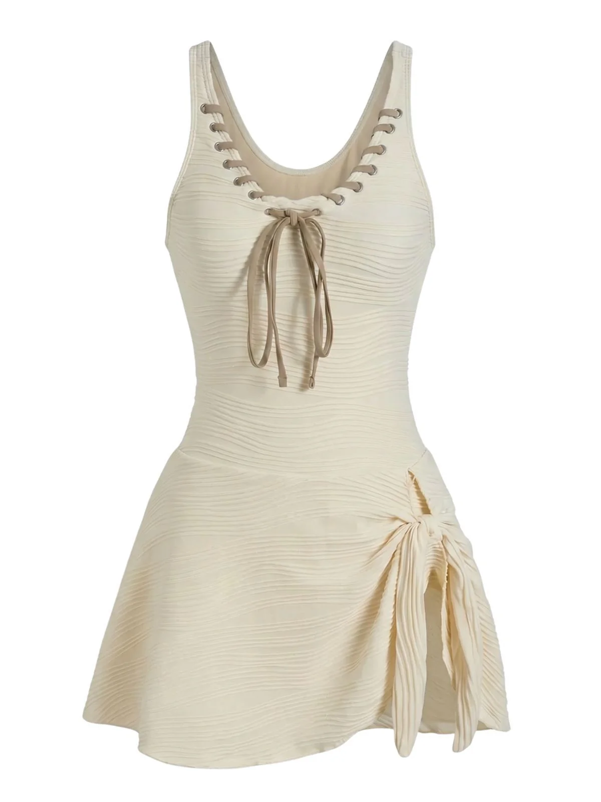 Beige 1930s Solid Lace-Up Swim Dress