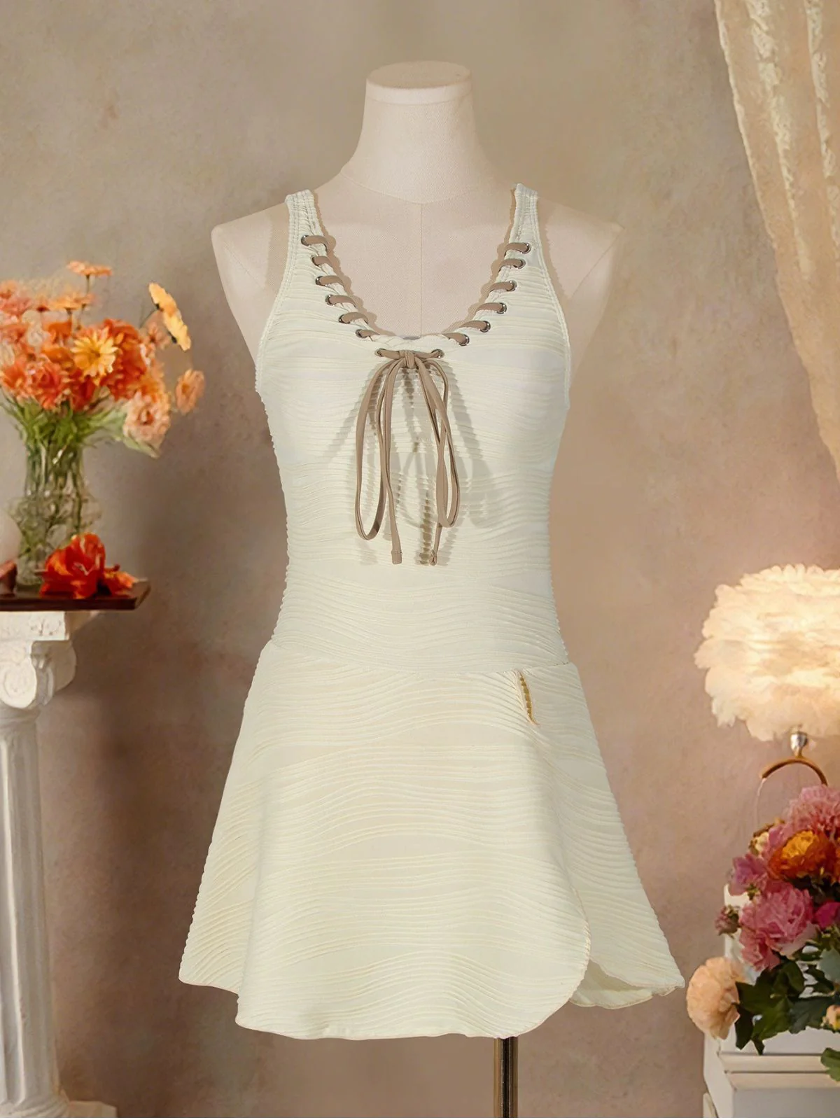 Beige 1930s Solid Lace-Up Swim Dress - Image 2