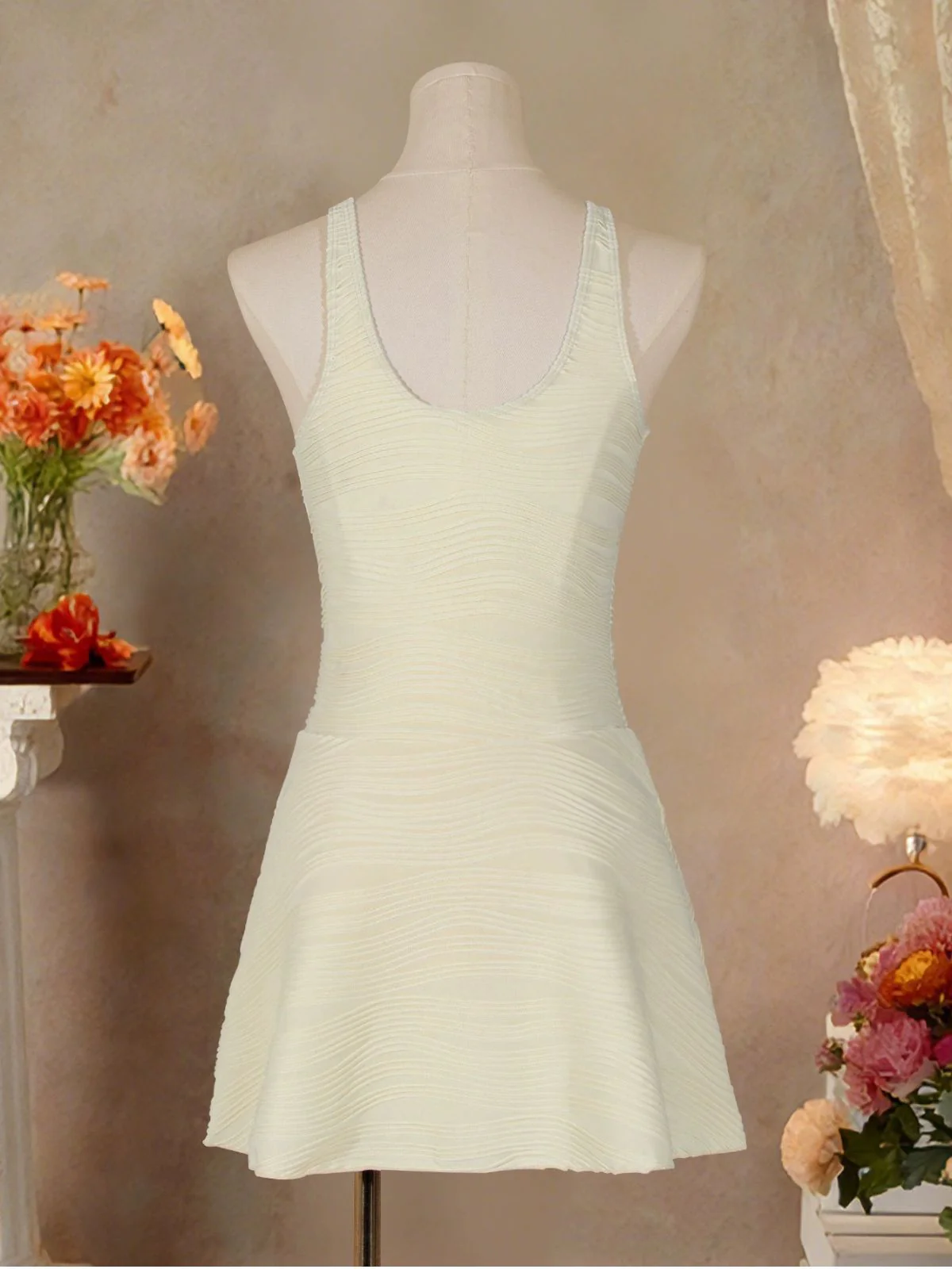 Beige 1930s Solid Lace-Up Swim Dress - Image 3
