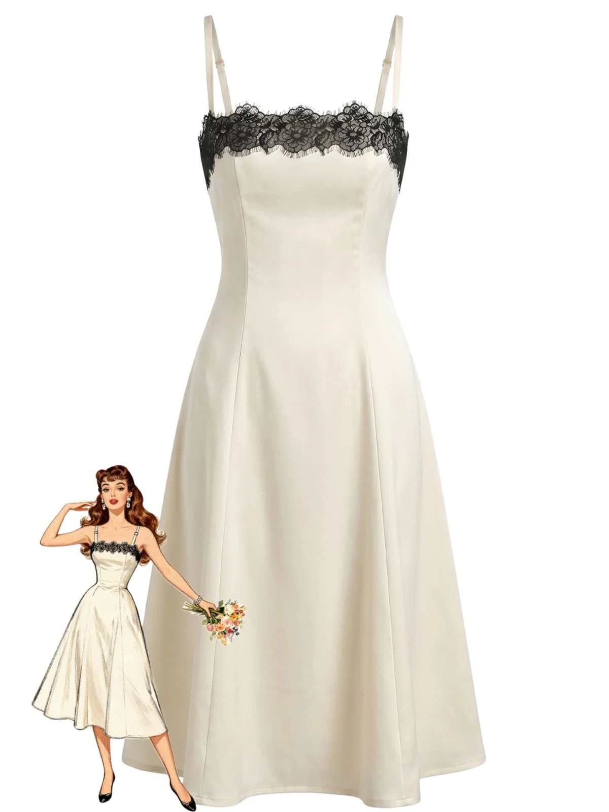 Beige 1940s Lace Patchwork Spaghetti Strap Dress