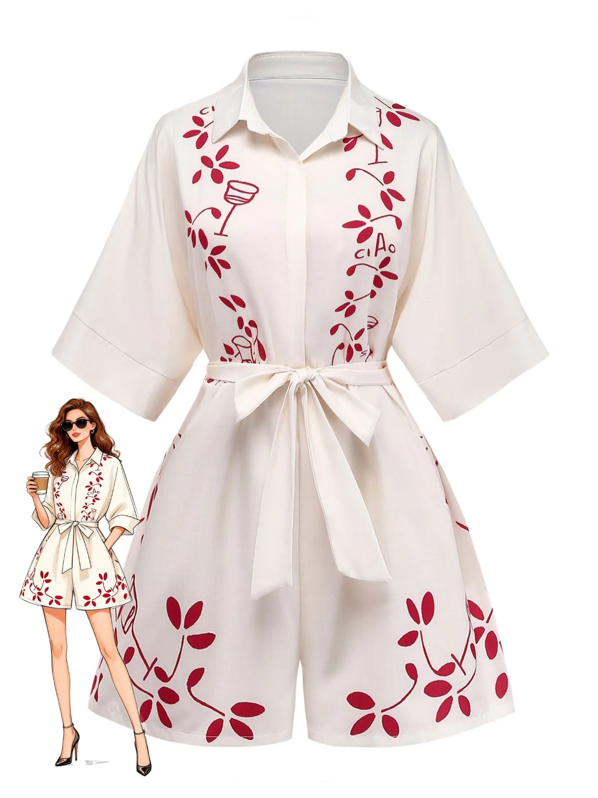 Beige 1950s Botanical Print Lapel Belted Romper