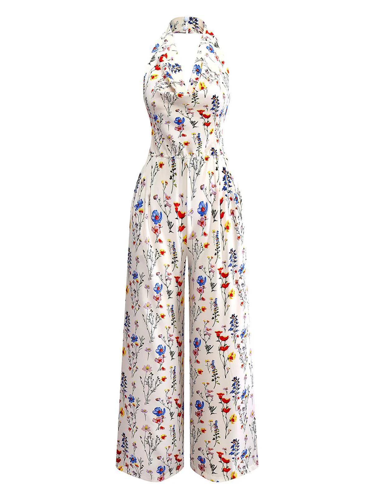 Beige 1950s Halter Floral Backless Jumpsuit
