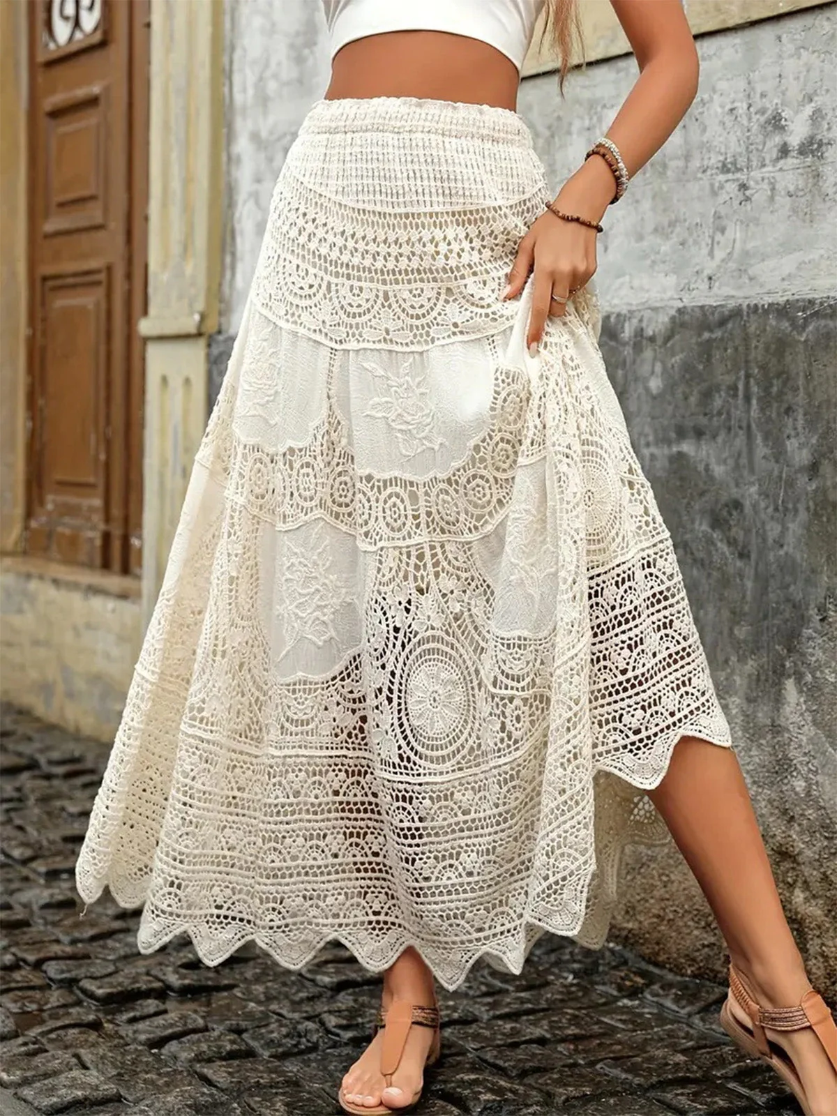 Beige 1980s Lace Patchwork A-Line Skirt - Image 4
