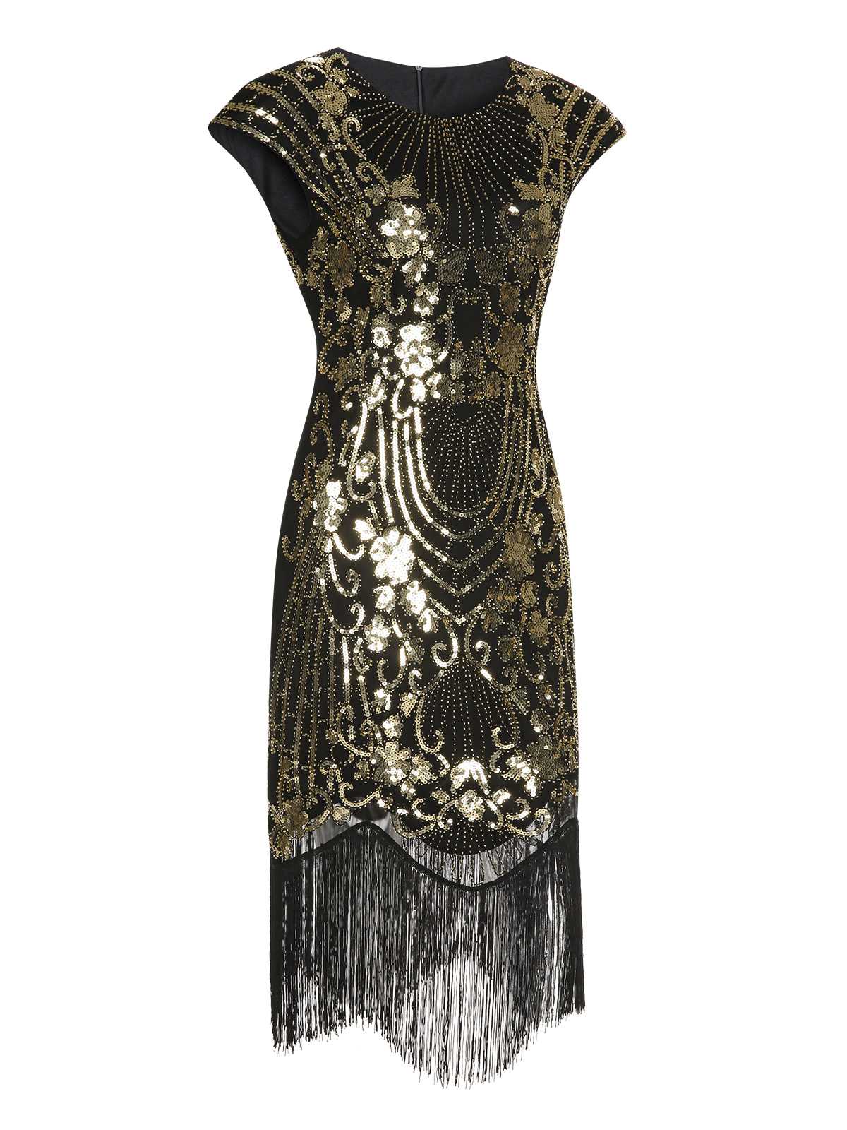 Black 1920s Sequined Tassel Cap Sleeve Dress - Image 2