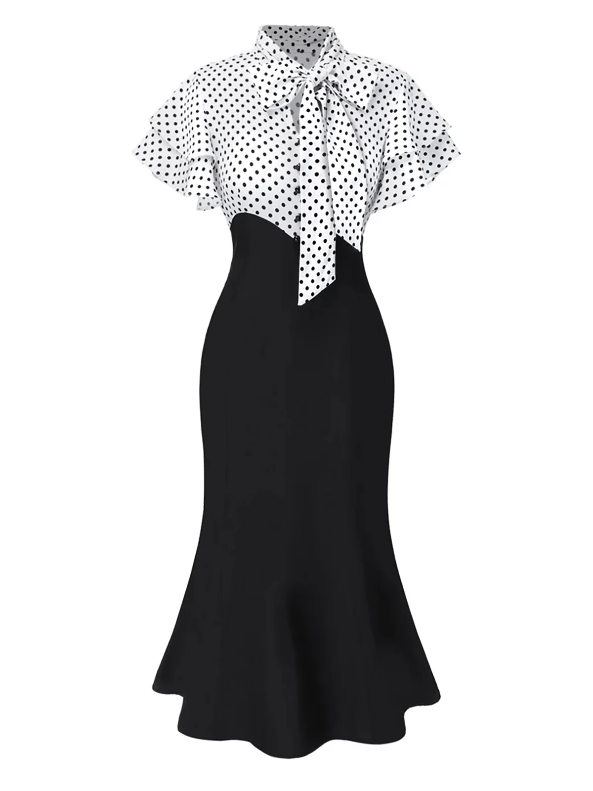 Black 1930s Dots Tie Neck Mermaid Dress - Image 2