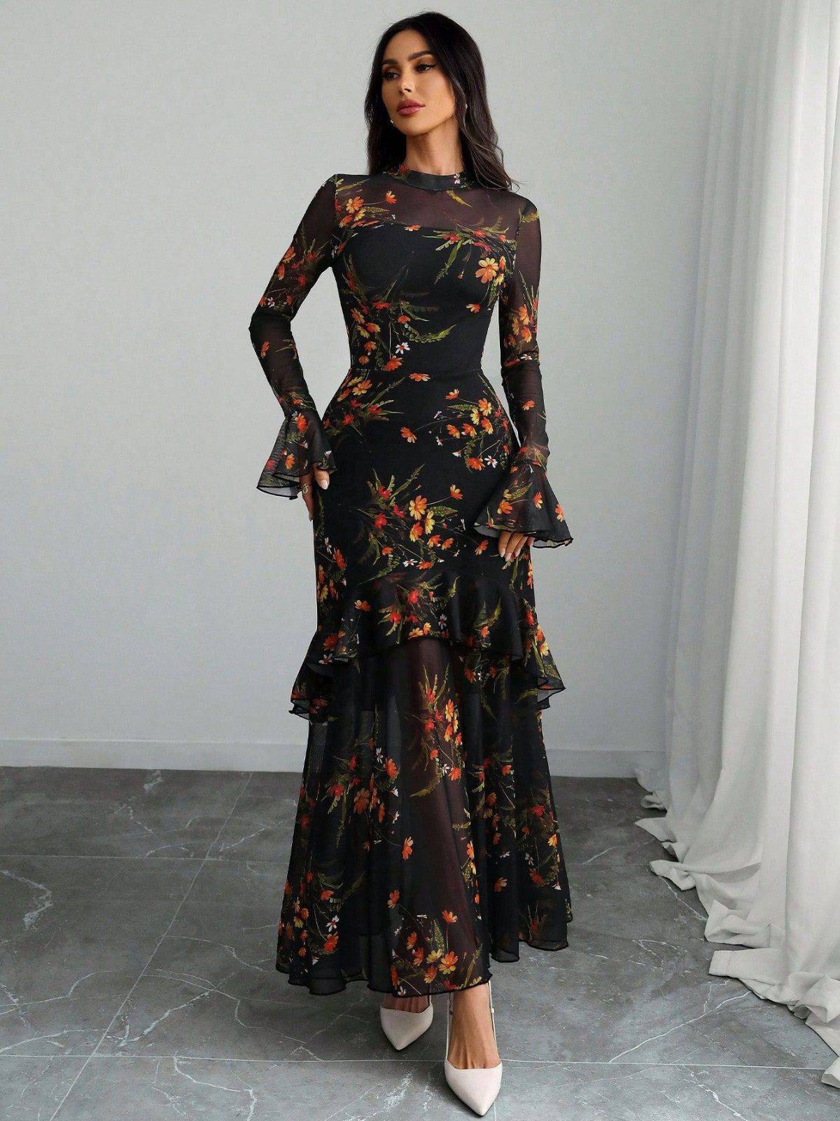 [Pre-Sale] Black 1930s Floral Mesh Ruffle Maxi Dress
