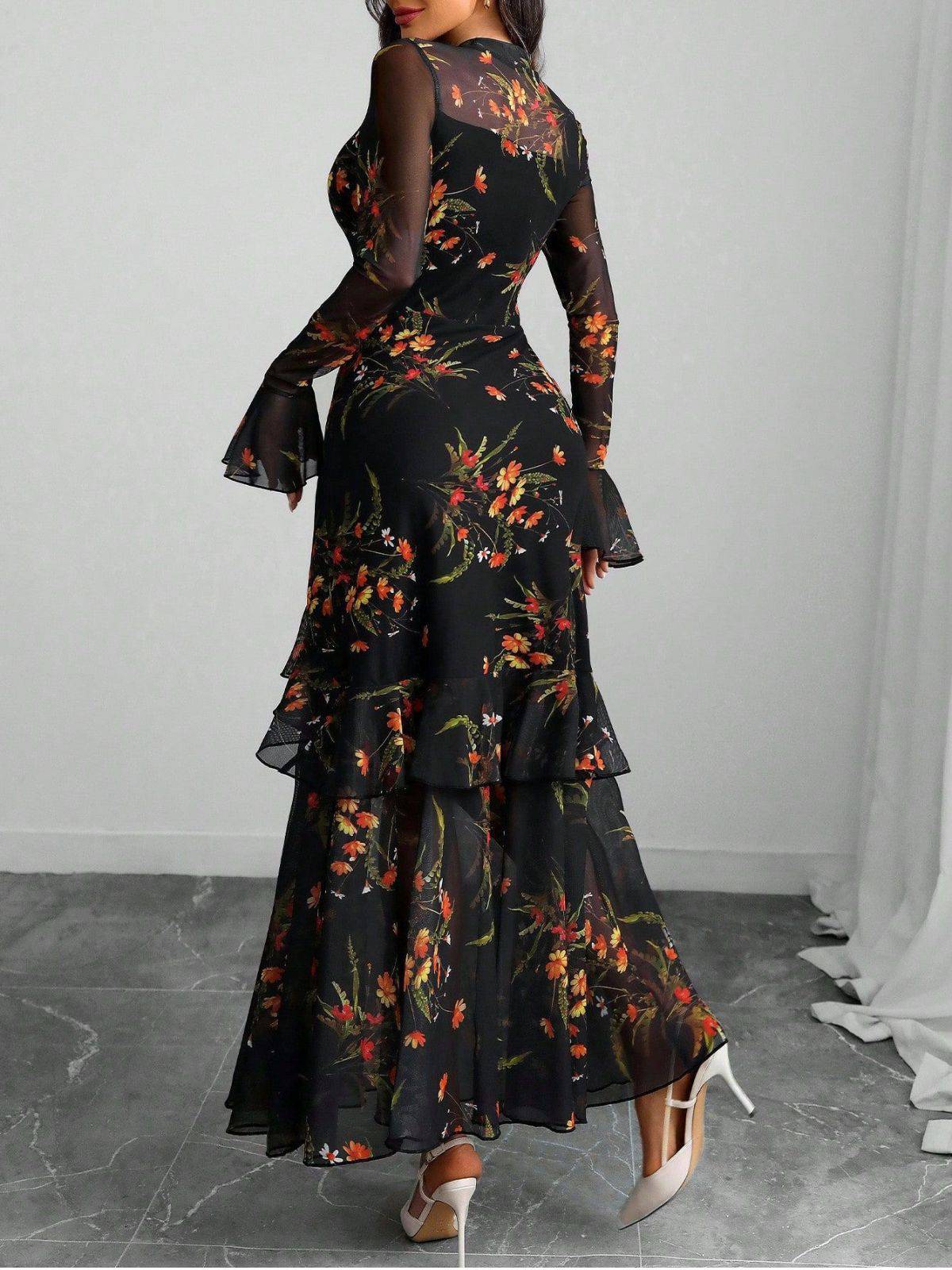 [Pre-Sale] Black 1930s Floral Mesh Ruffle Maxi Dress - Image 2