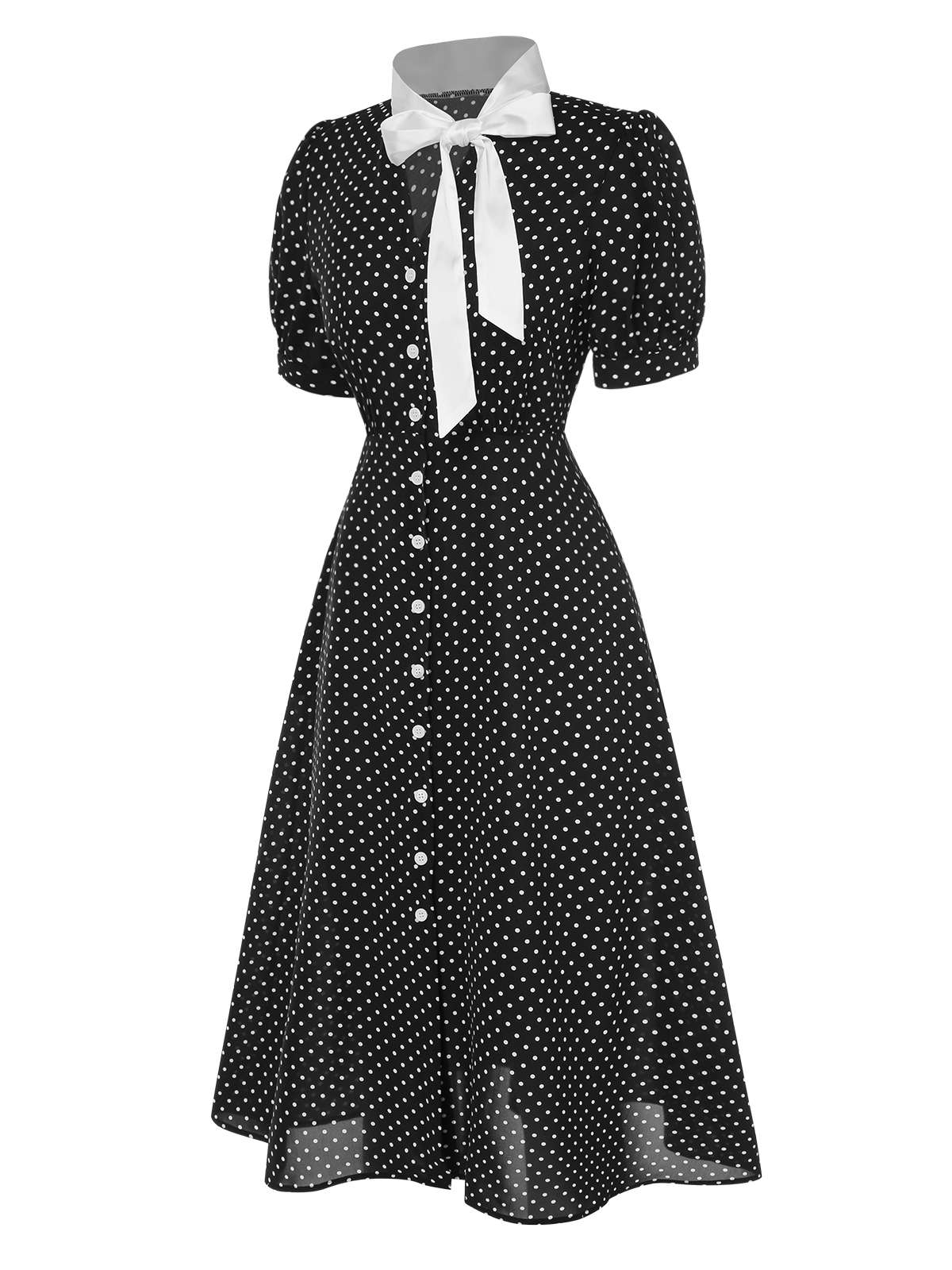 [Pre-Sale] Black 1940s Polka Dots Tie Neck Dress - Image 3