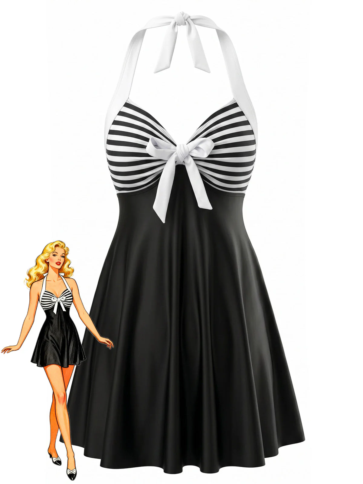 Black 1940s Striped Halter Bow Tankini Set