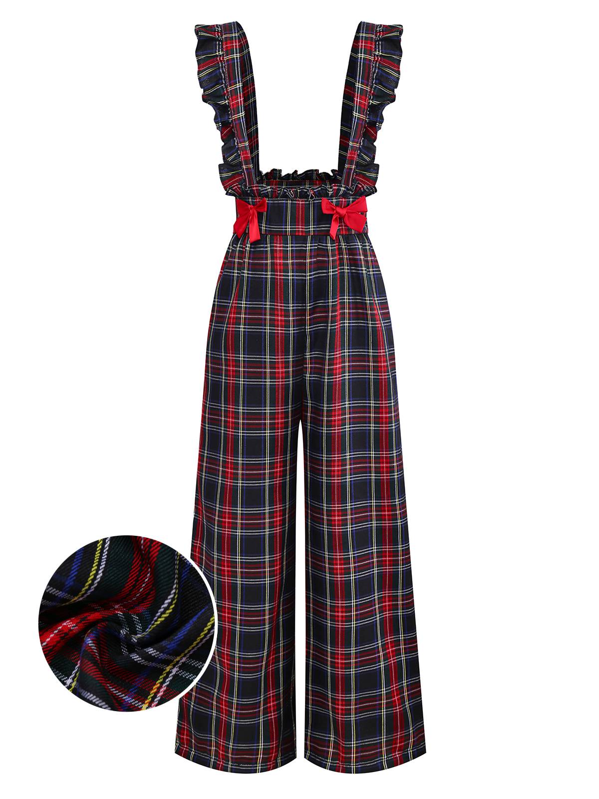 Black 1940s Tartan Plaid Ruffled Bow Overall Pants