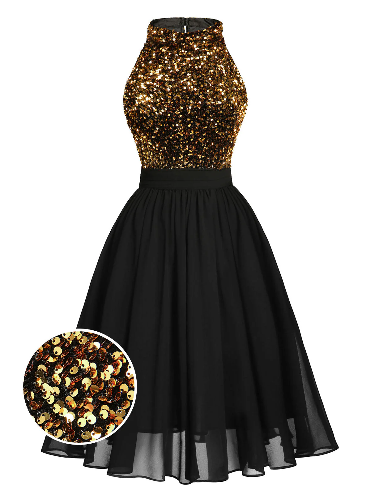 Black 1950s Gold Glitter Patchwork Dress - Image 2