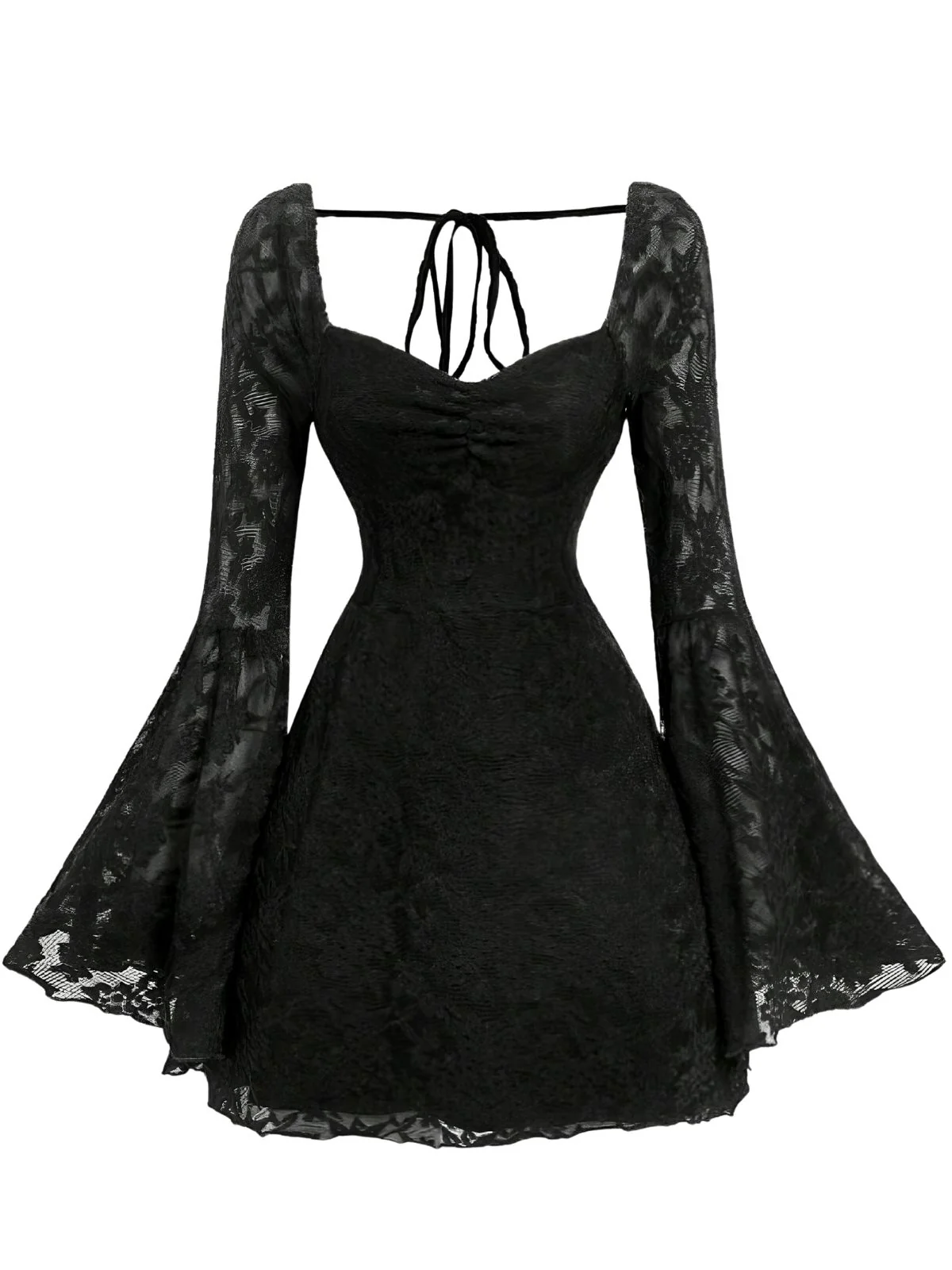 Black 1950s Lace Halter flared Sleeve Dress - Image 2