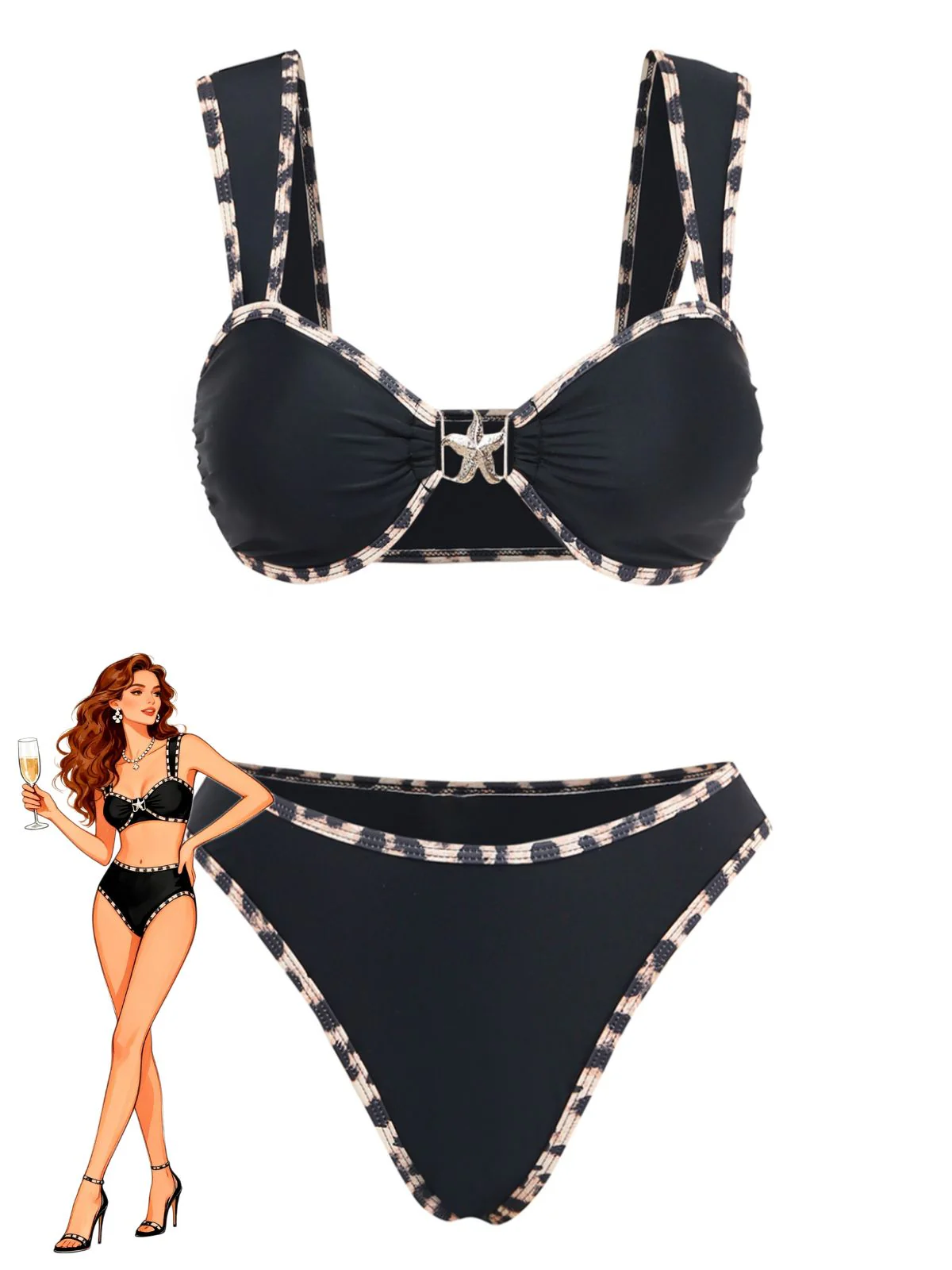 Black 1950s Leopard Trim Metal Starfish Bikini Set