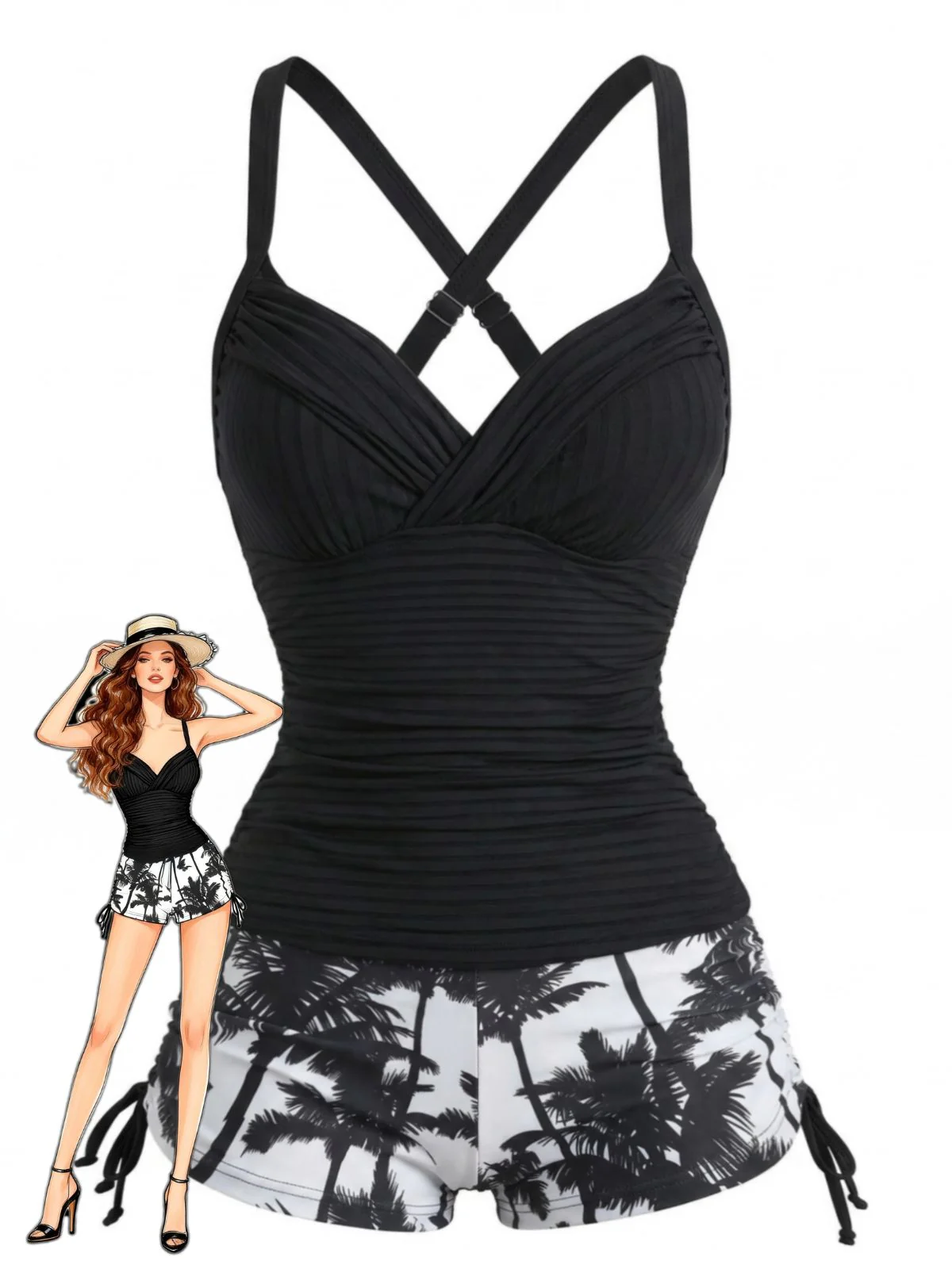 Black 1950s Palm Tree Drawstring Ruched Tankini Set