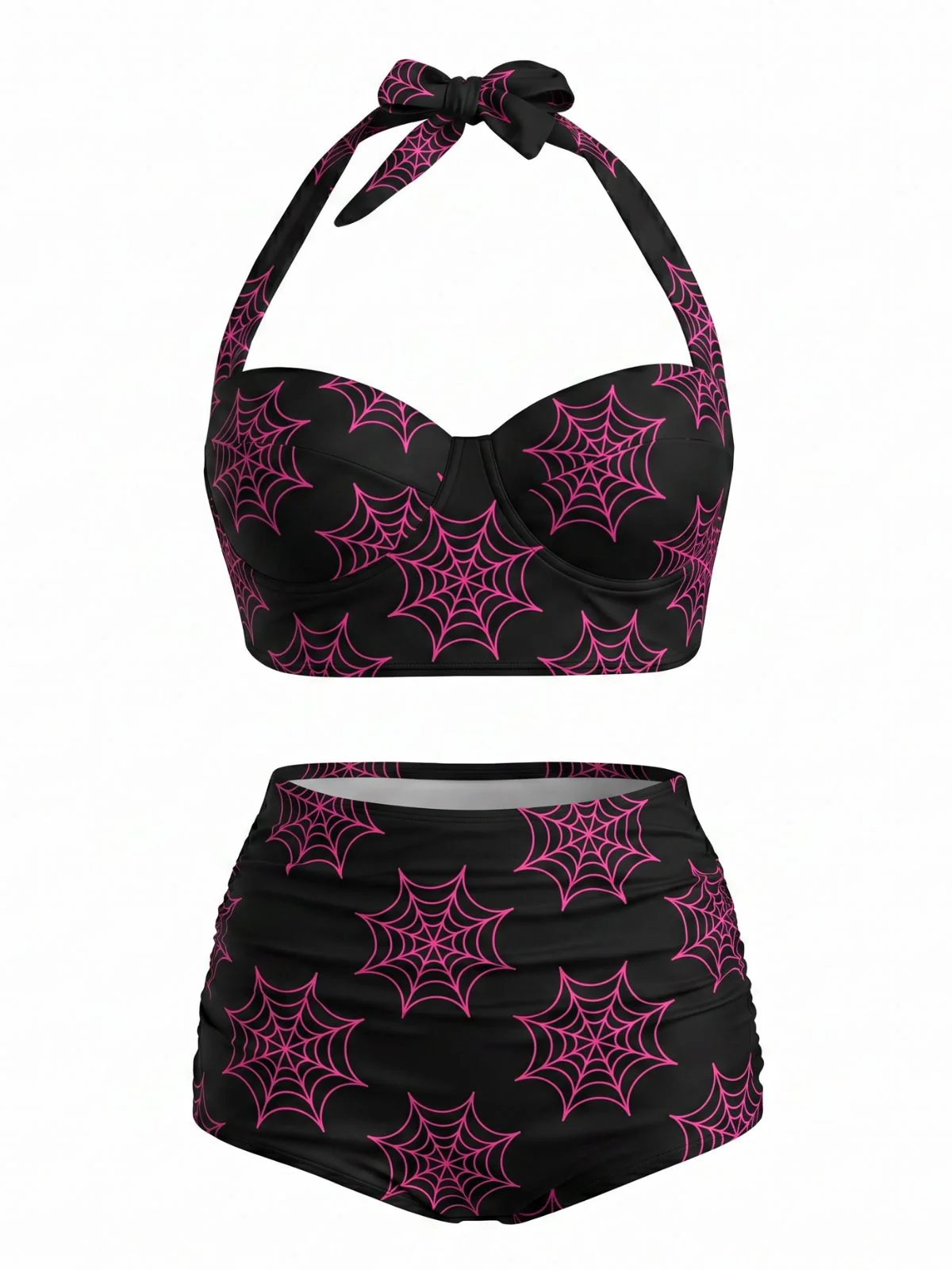 Black 1950s Spider Web Lace-Up Halter Swimsuit