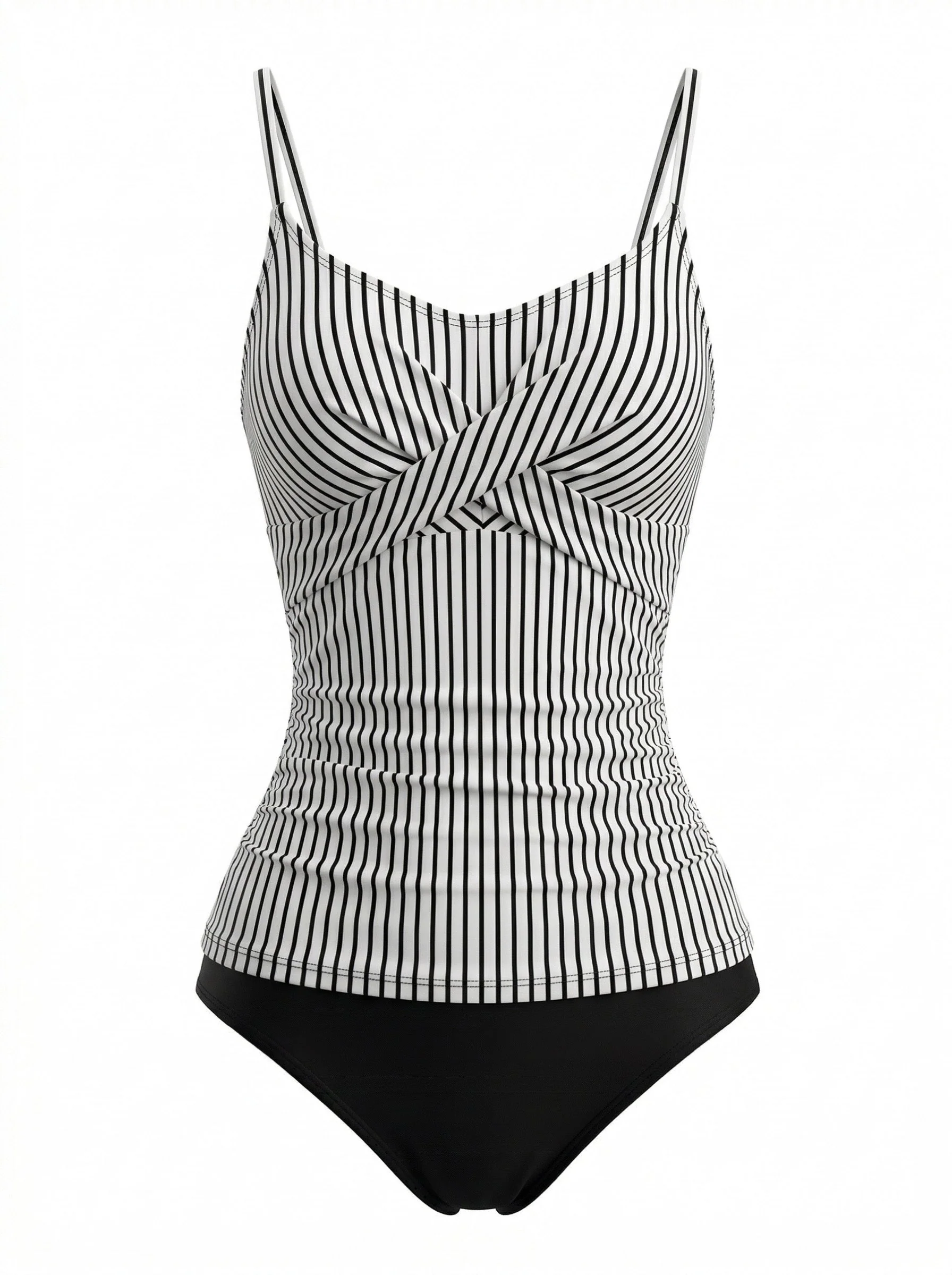 Black 1950s Stripe Spaghetti Strap Tankini Set - Image 2