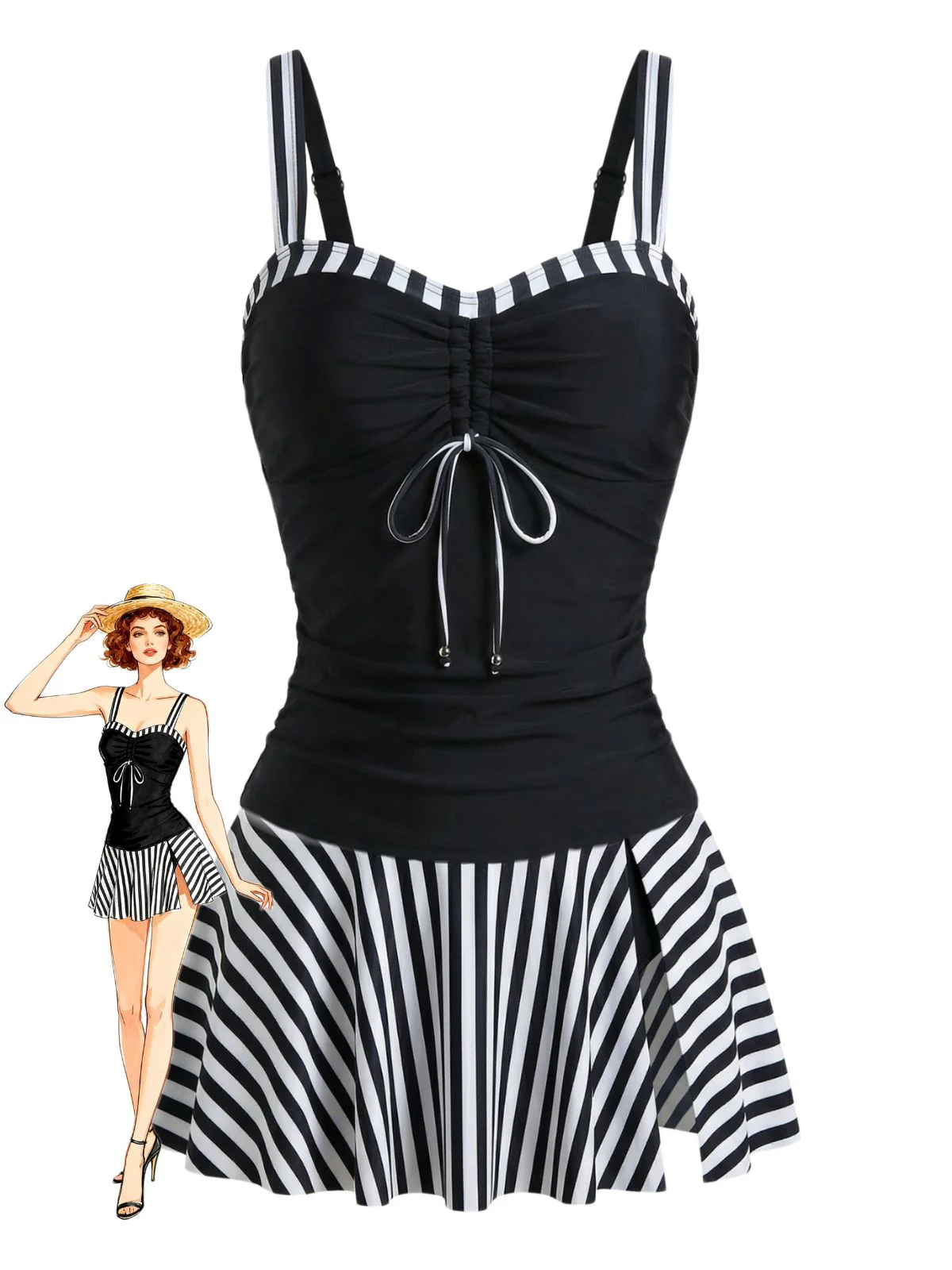 Black 1950s Striped Colorblock Ruched Tankini Set
