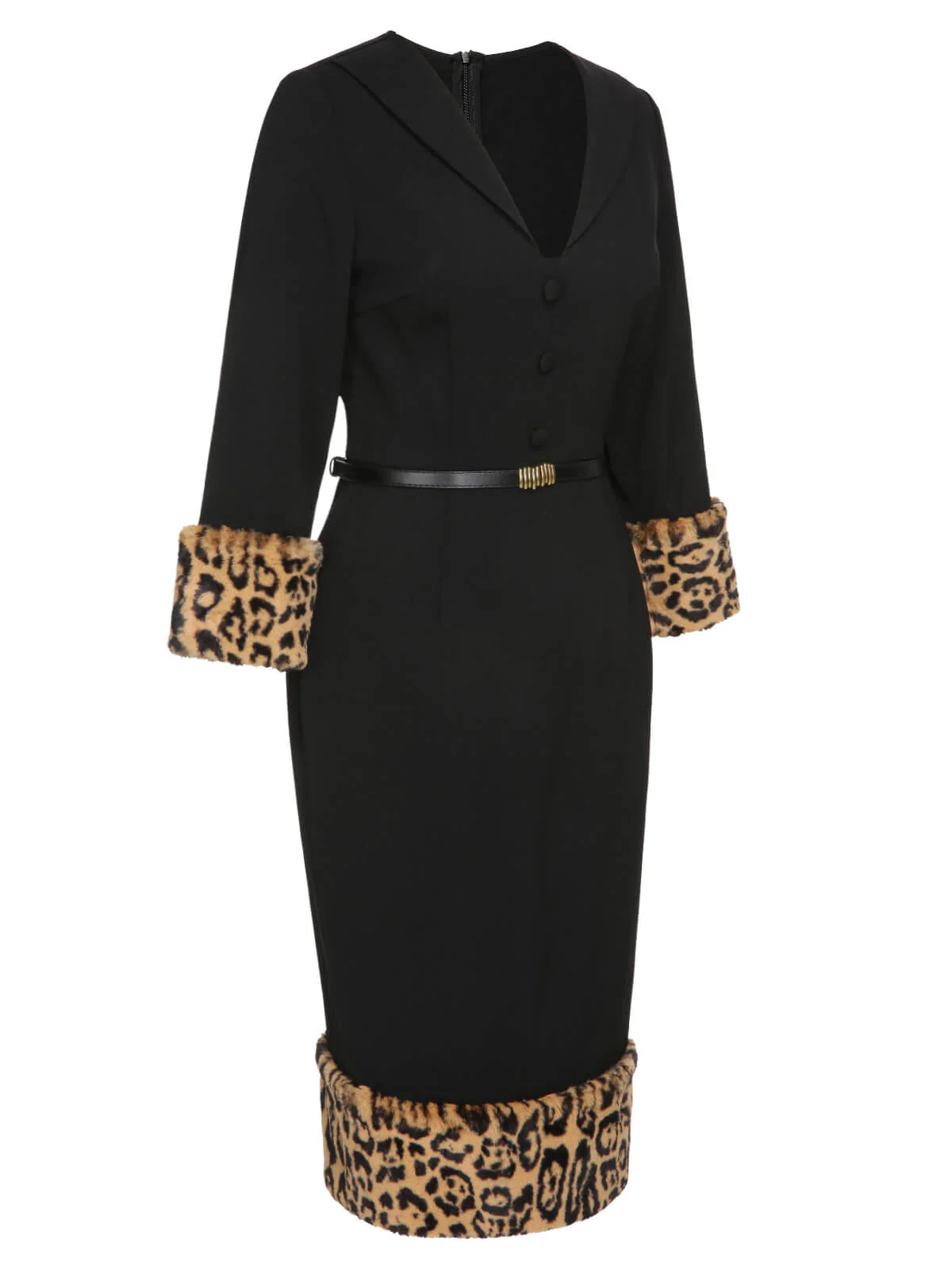 Black 1960s Leopard Plush V-Neck Pencil Dress - Image 4