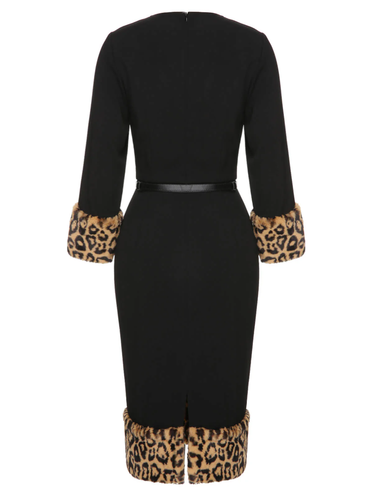 Black 1960s Leopard Plush V-Neck Pencil Dress - Image 5