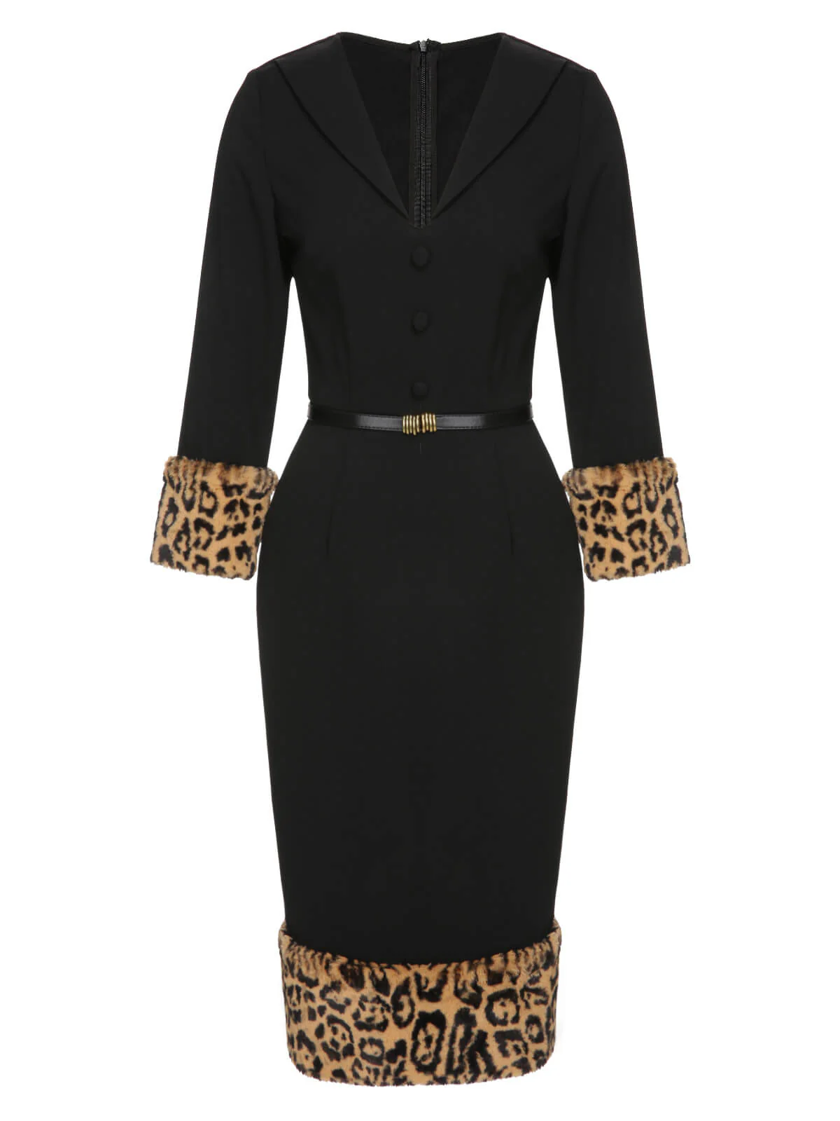 Black 1960s Leopard Plush V-Neck Pencil Dress - Image 3