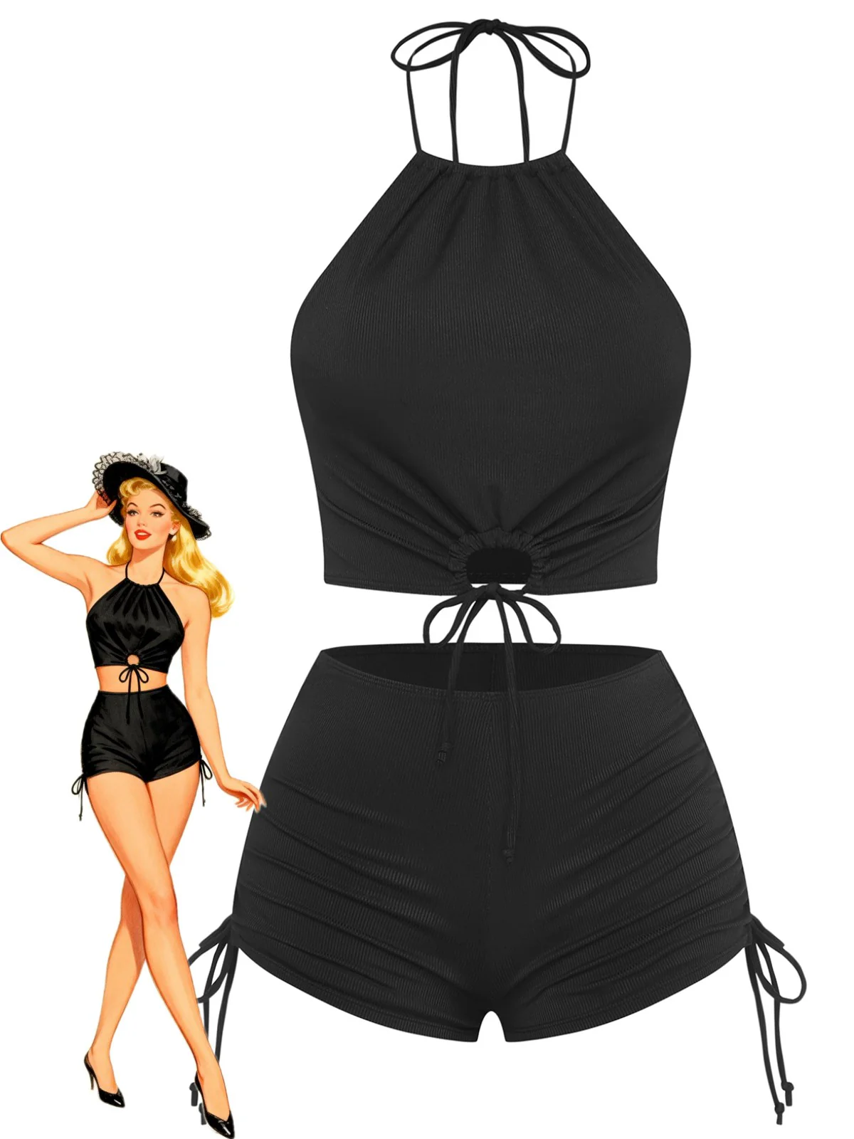 Black 1960s Solid Halter Ruched Bikini Set