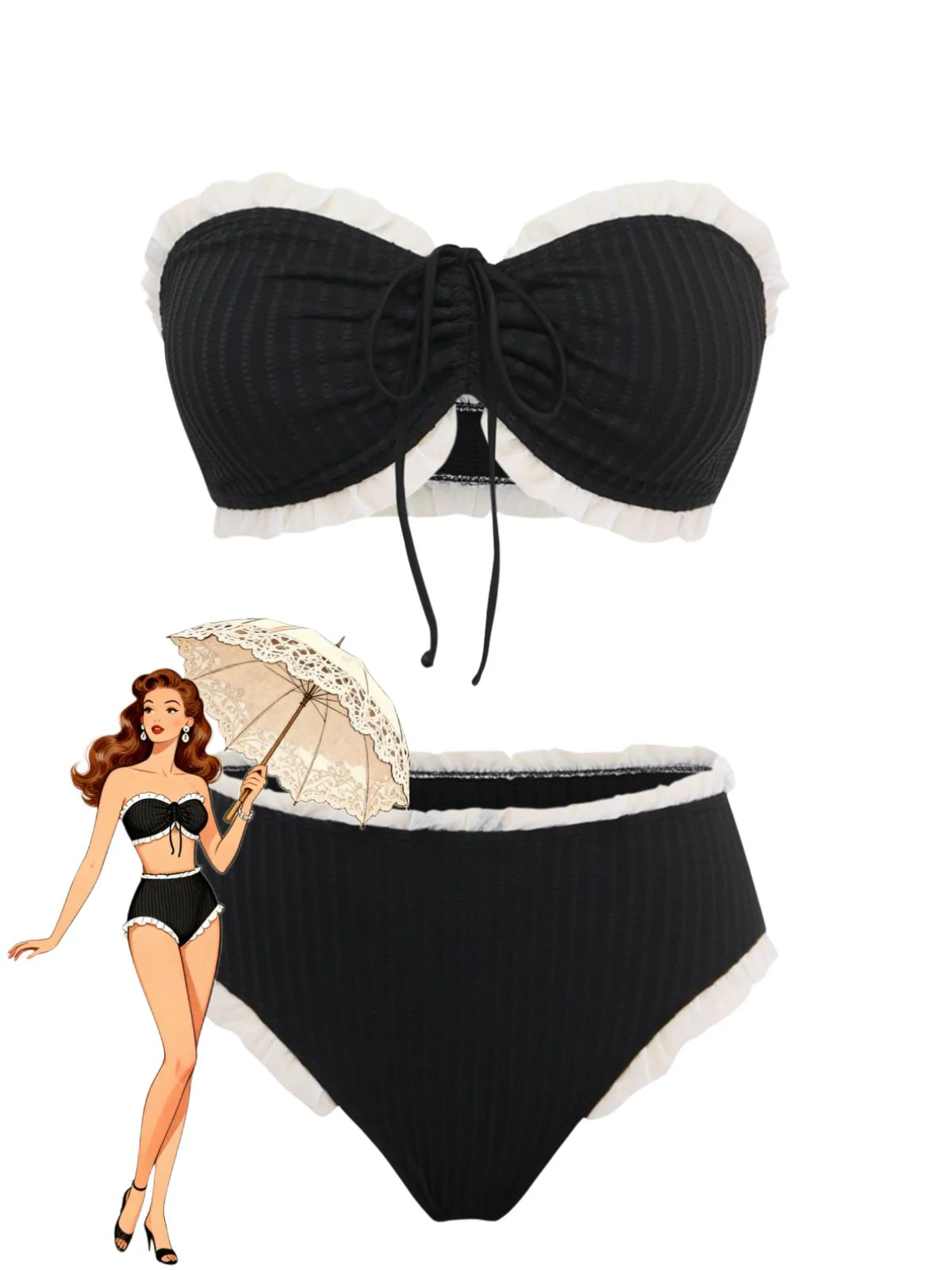 Black 1970s Strapless Contrast Ruffle Trim Bikini Set