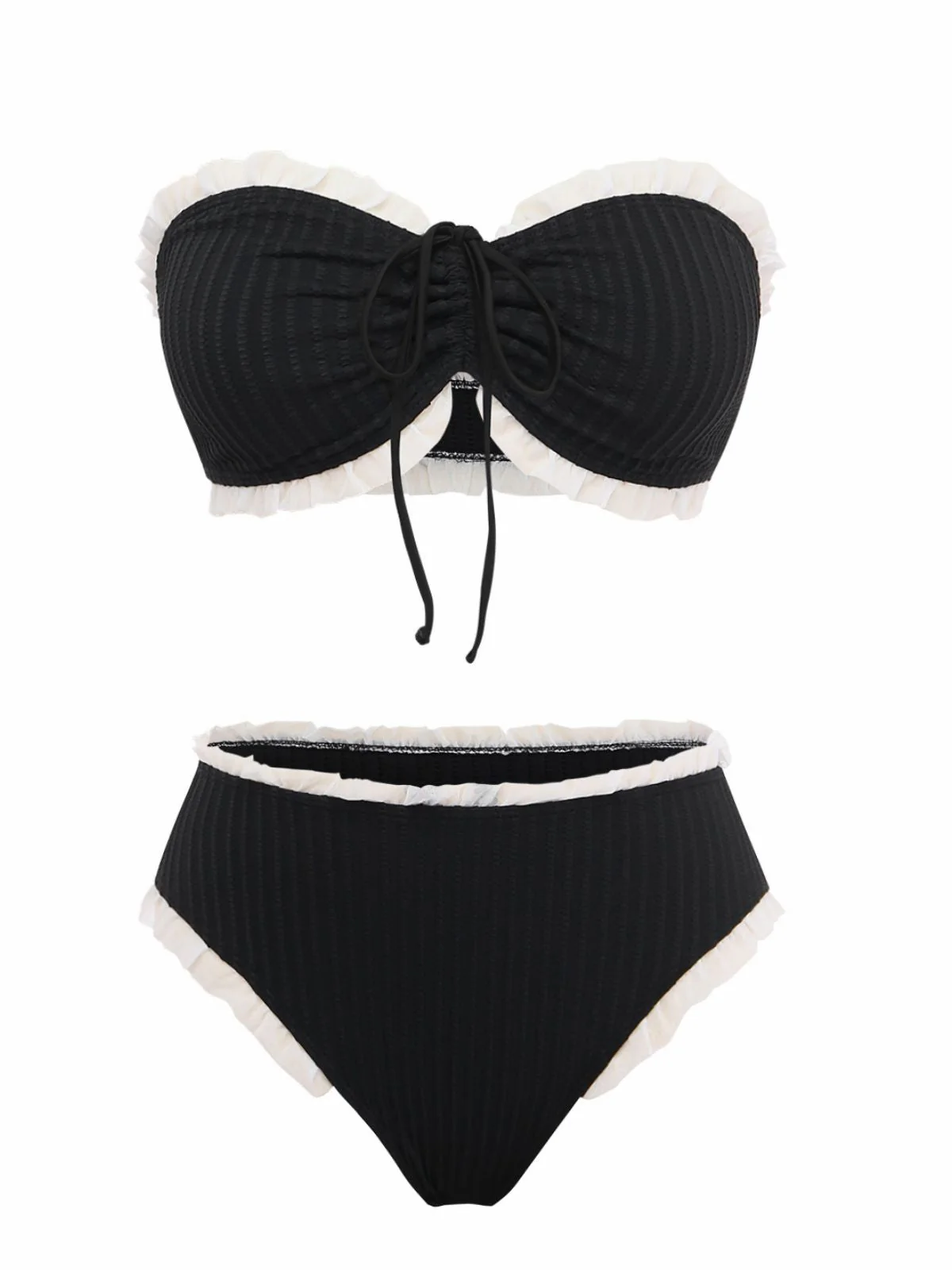 Black 1970s Strapless Contrast Ruffle Trim Bikini Set - Image 2