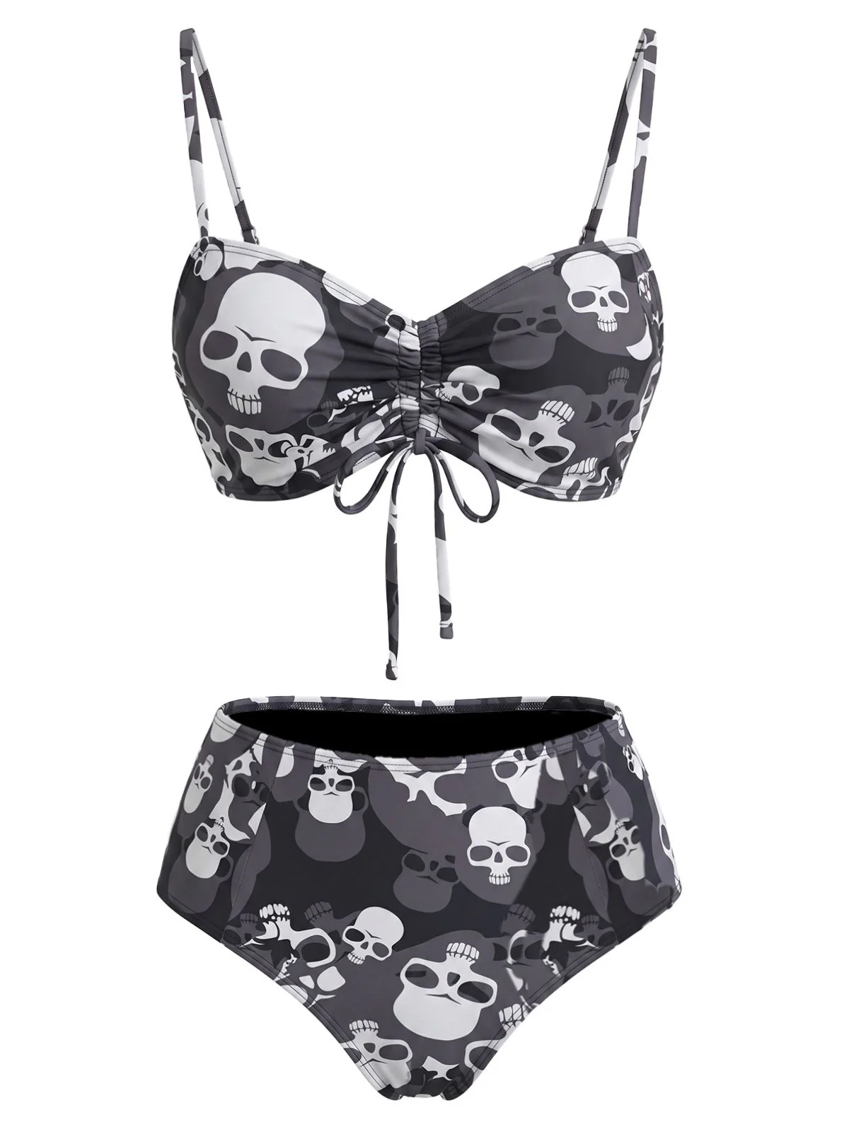 Black 1980s Gothic Skull Printed Drawstring Bikini Set