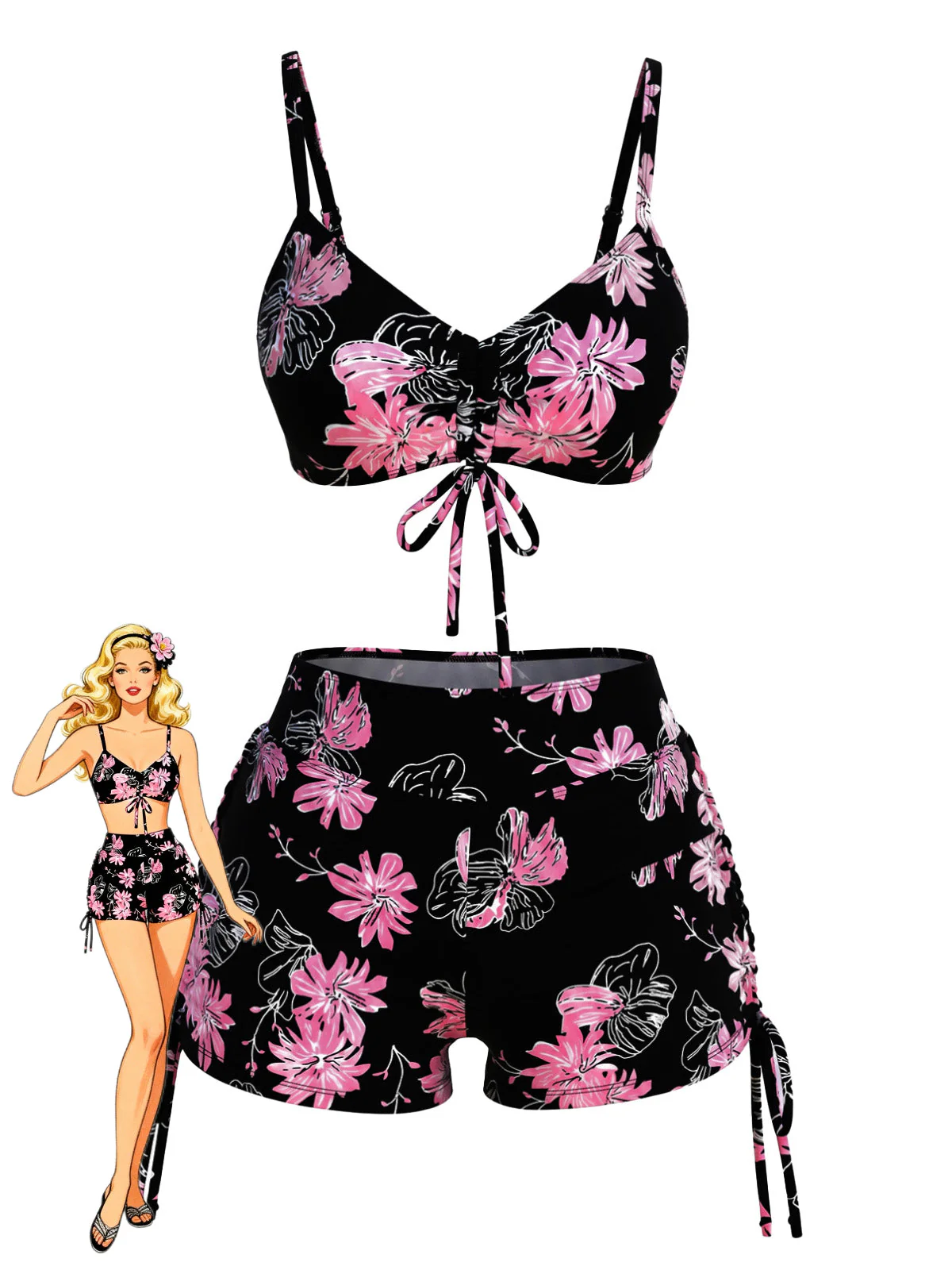 Black & Pink 1940s Floral Print Drawstring Bikini Set