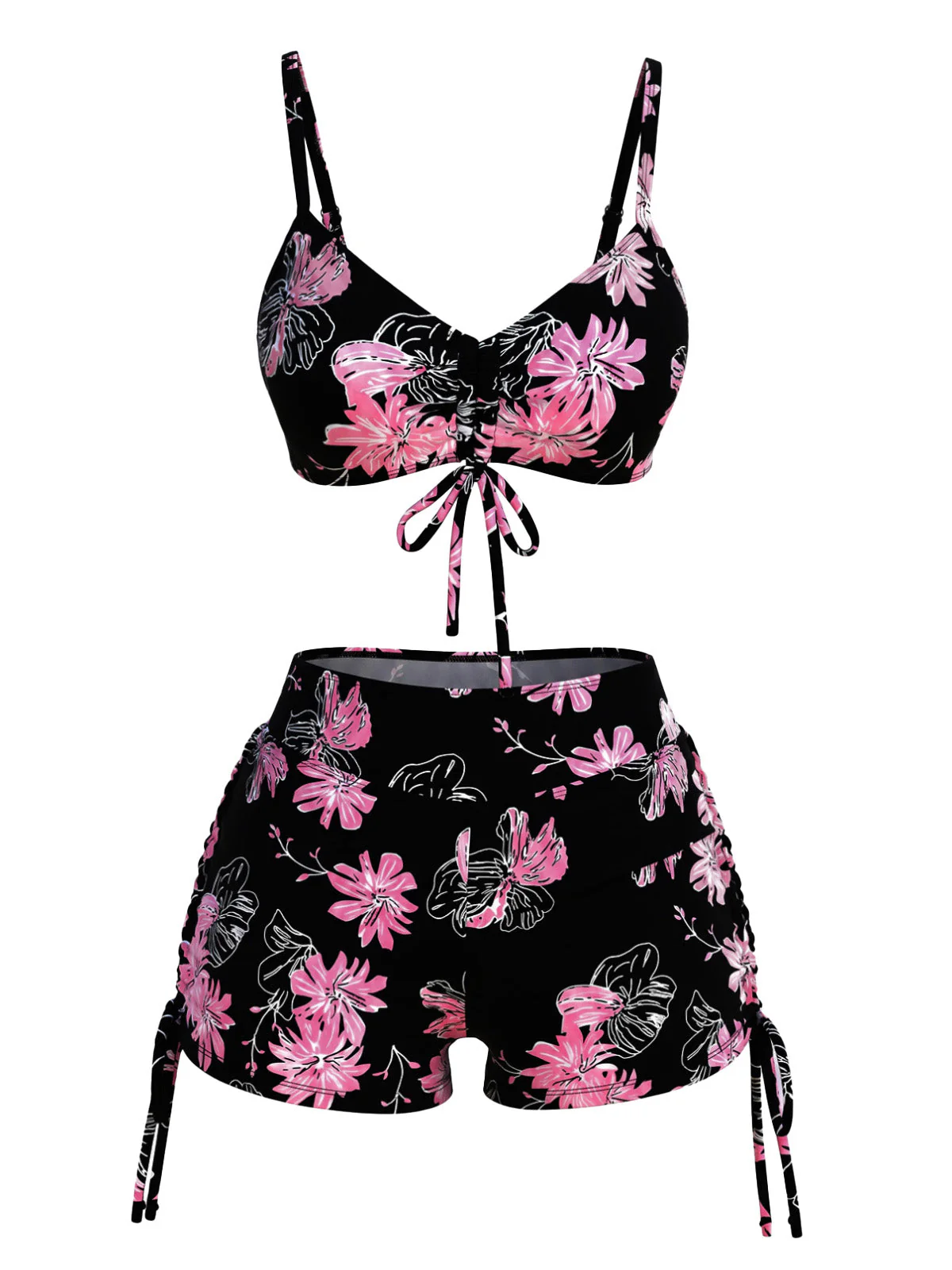 Black & Pink 1940s Floral Print Drawstring Bikini Set - Image 2