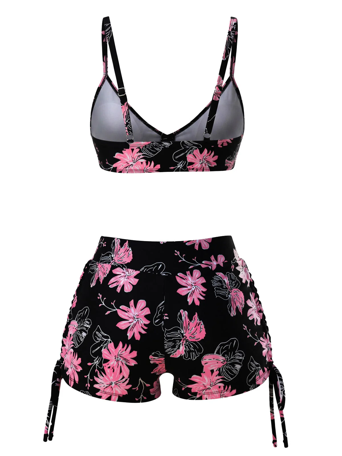 Black & Pink 1940s Floral Print Drawstring Bikini Set - Image 3