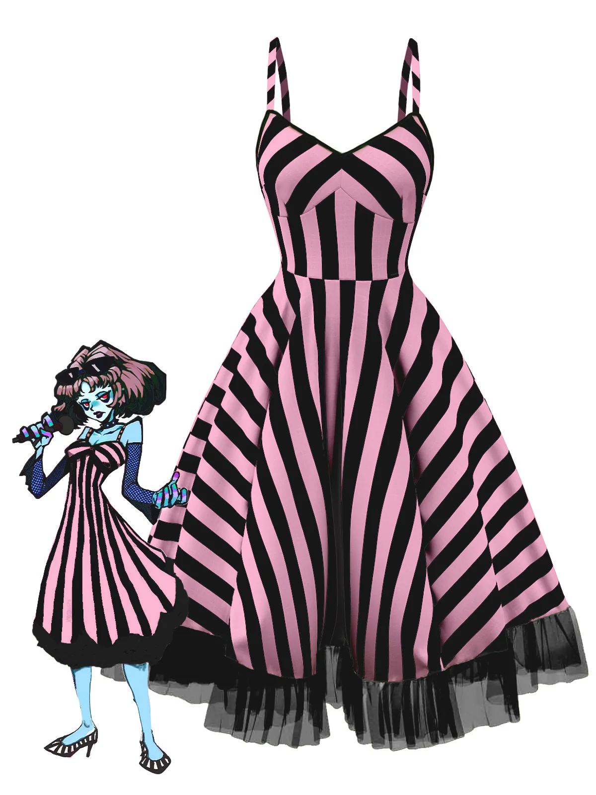 [Pre-Sale] Black&White 1950s Striped Fluorescent Green Lace Dress - Image 4