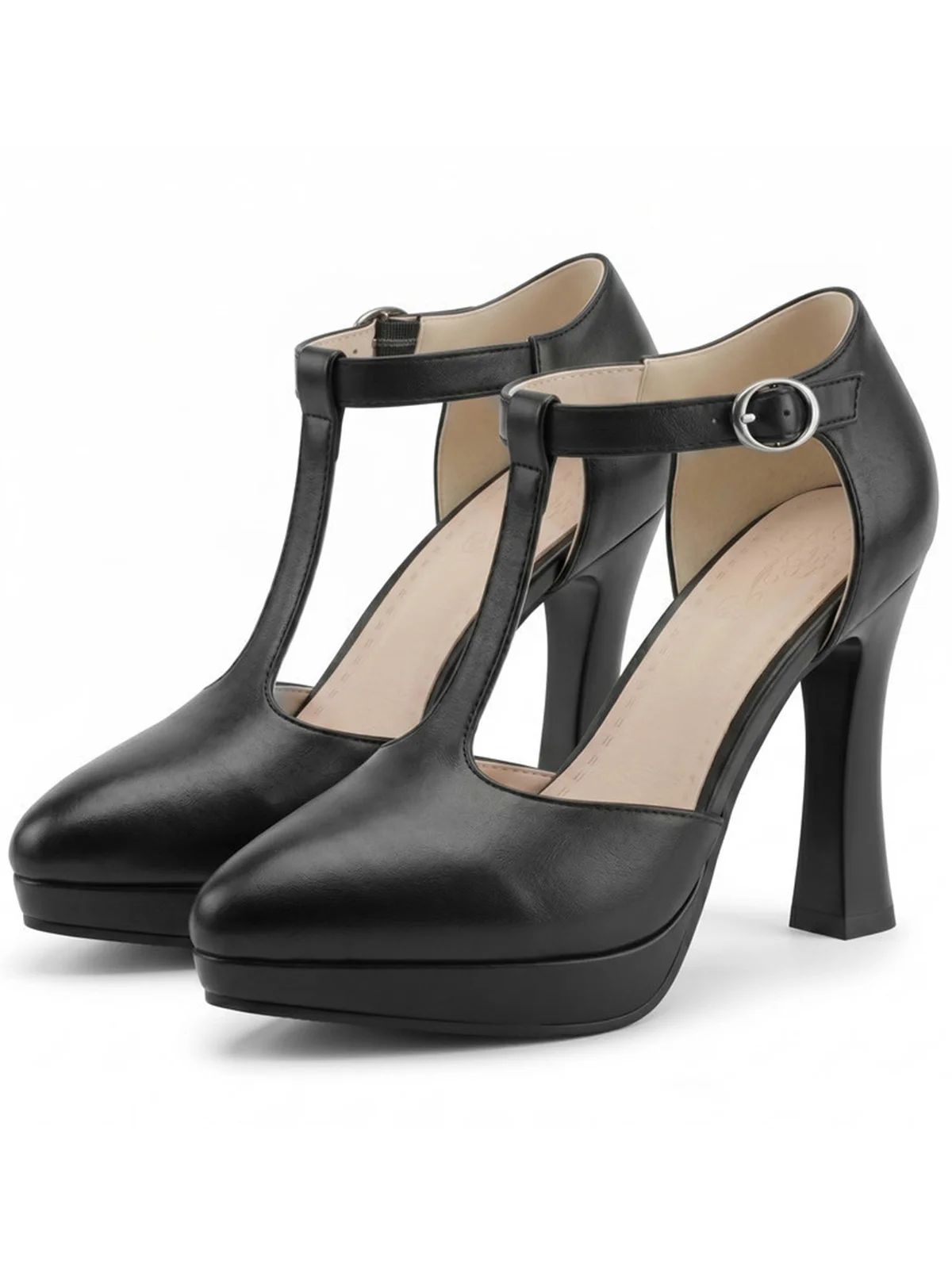 Black Solid T-Strap High Heel Shoes