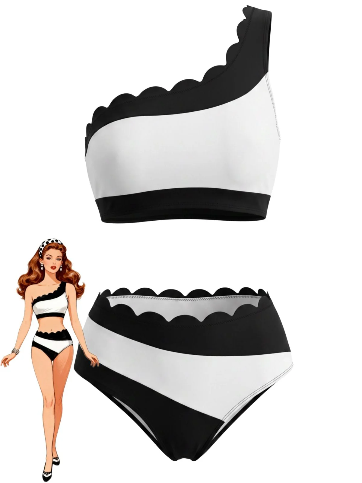 Black & White 1950s Scalloped One-Shoulder Bikini Set
