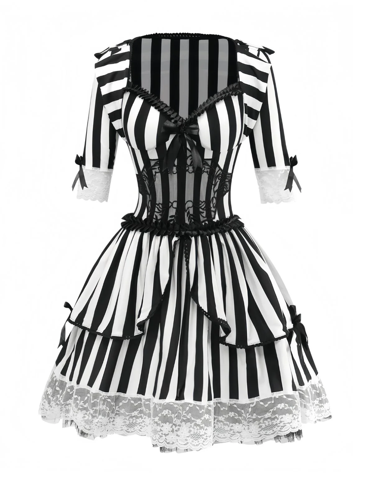 Black & White 1970s Lace Patchwork Stripe Dress