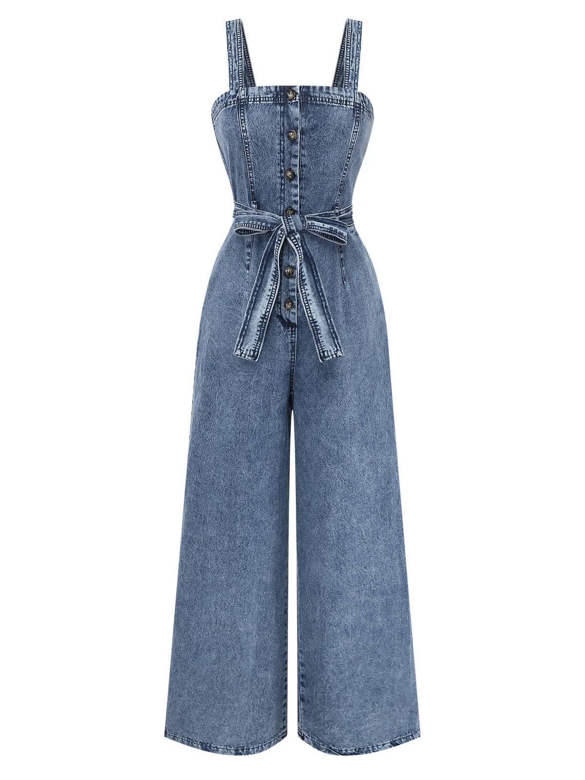 Blue 1930s Denim Button Wide-Strap Belted Jumpsuit