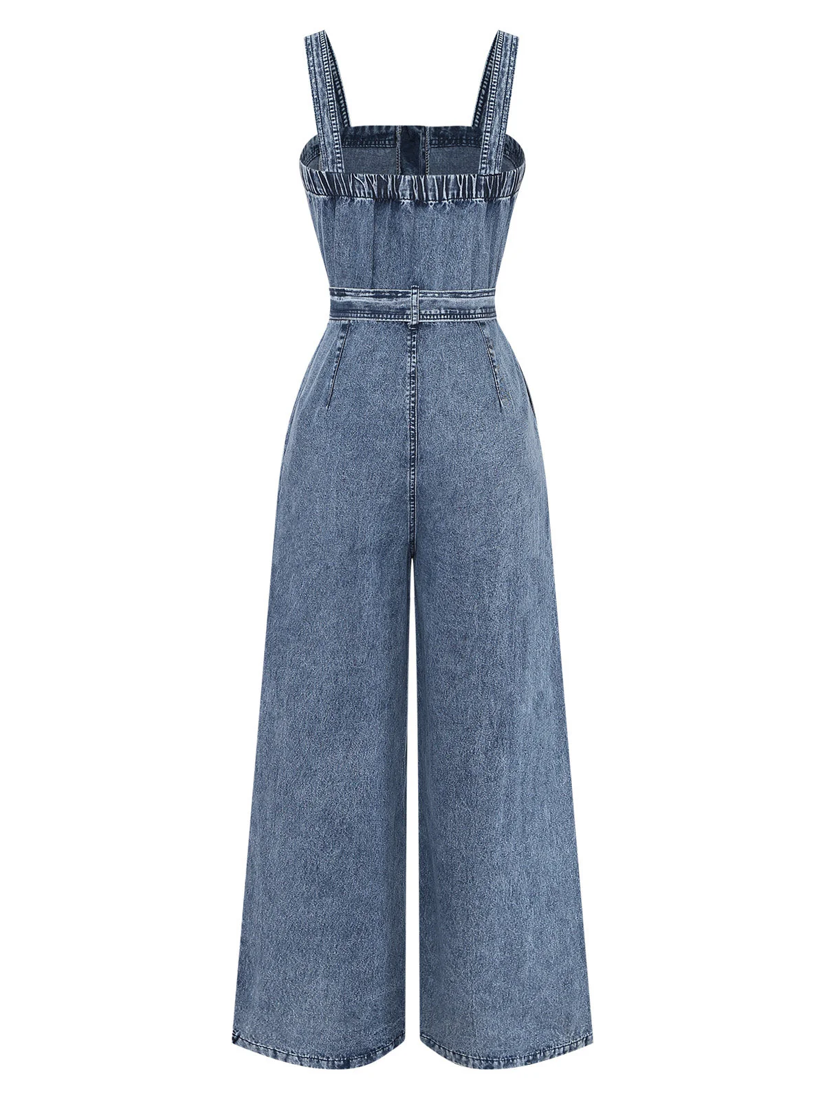 Blue 1930s Denim Button Wide-Strap Belted Jumpsuit - Image 2