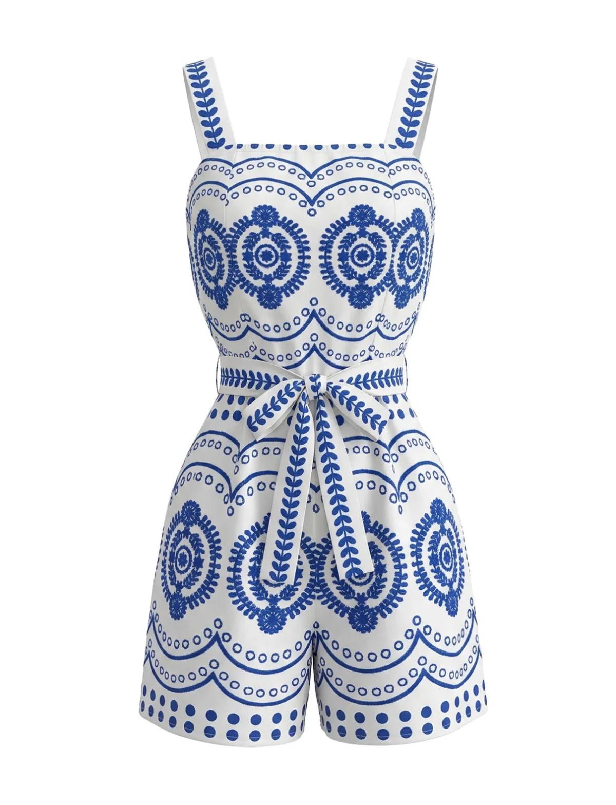 Blue 1930s Holiday Positioning Print Belted Romper