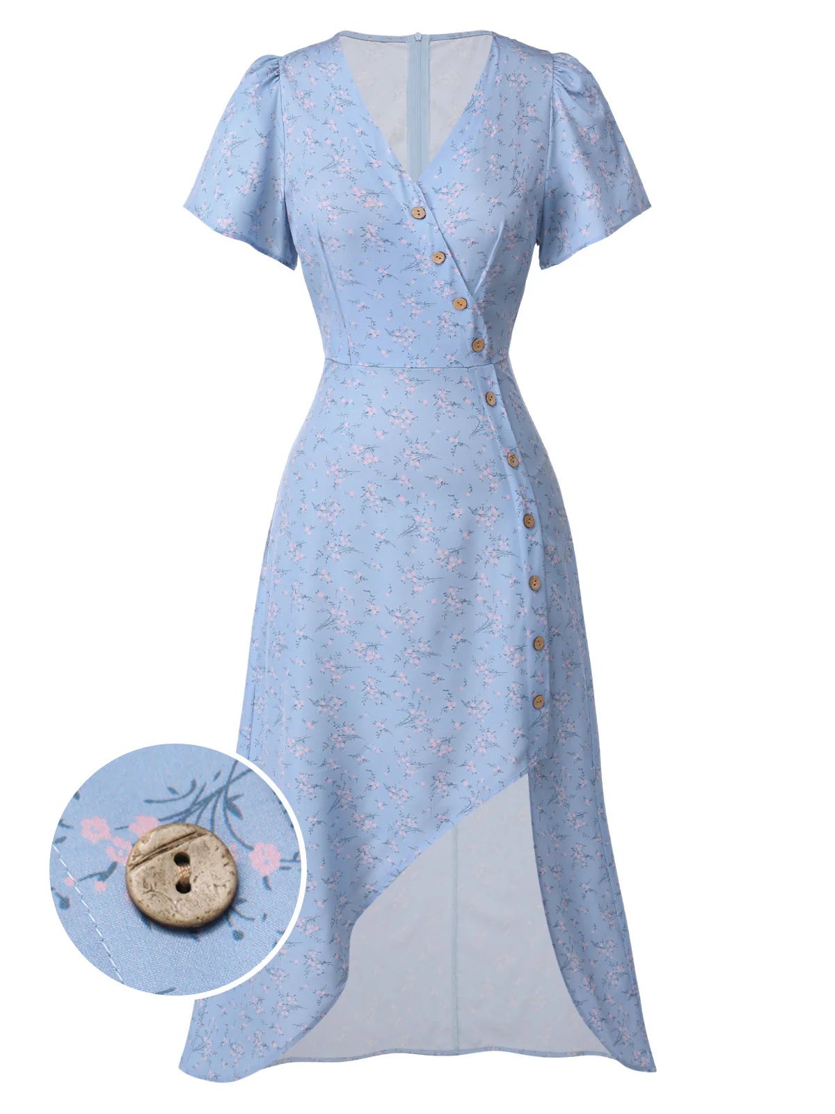 Red 1940s Floral V-Neck Added Button Dress - Image 10